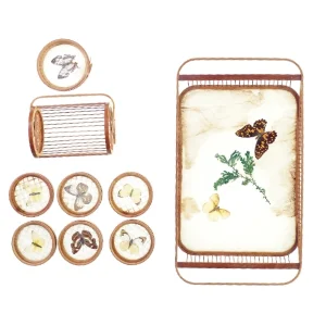 Bakke og bordskålere med sommerfugle motiv (str. 45 x 24 cm, 15 x 10 cm)