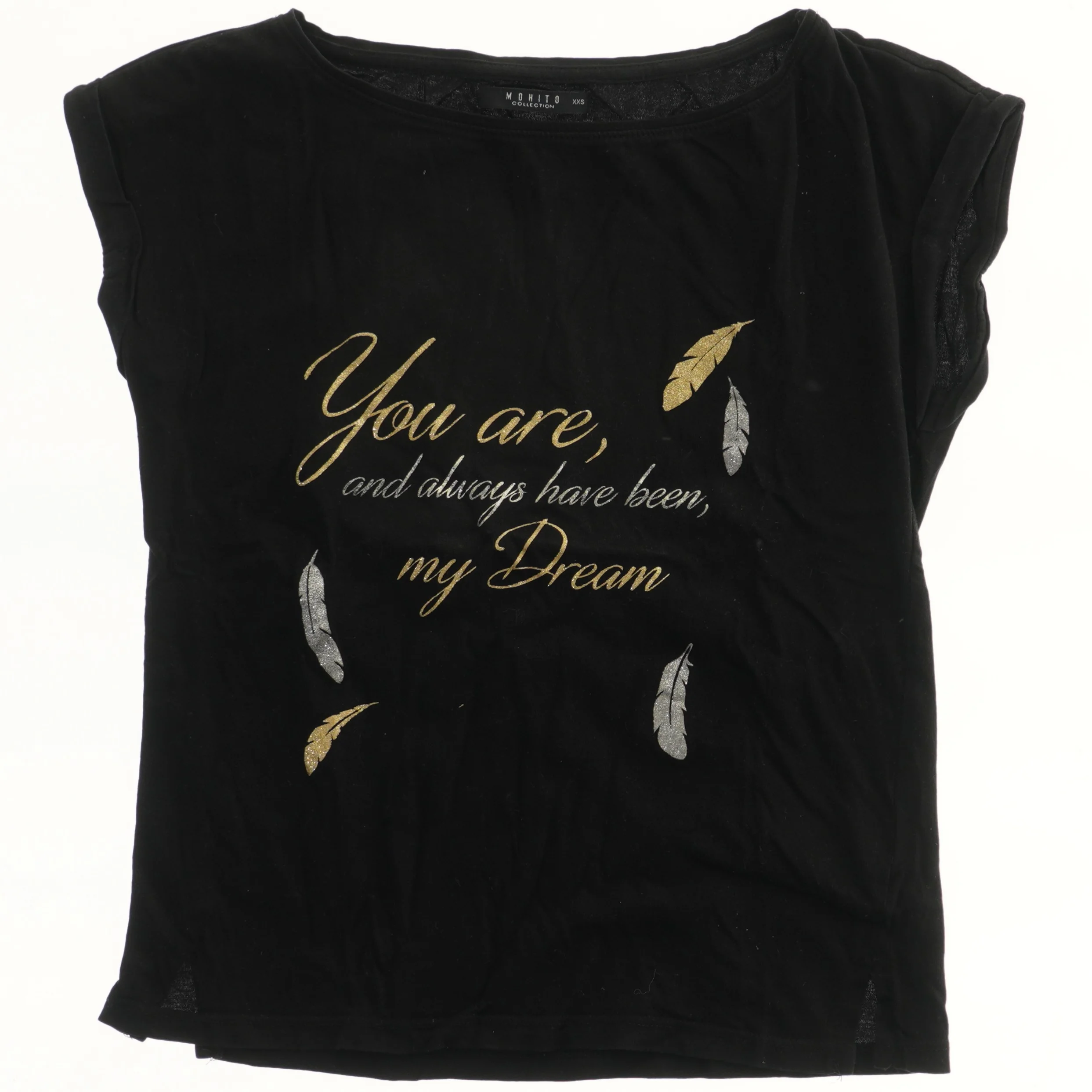 Sort T-shirt med tekst og fjerprint fra Mohito (str.  xxs cm)