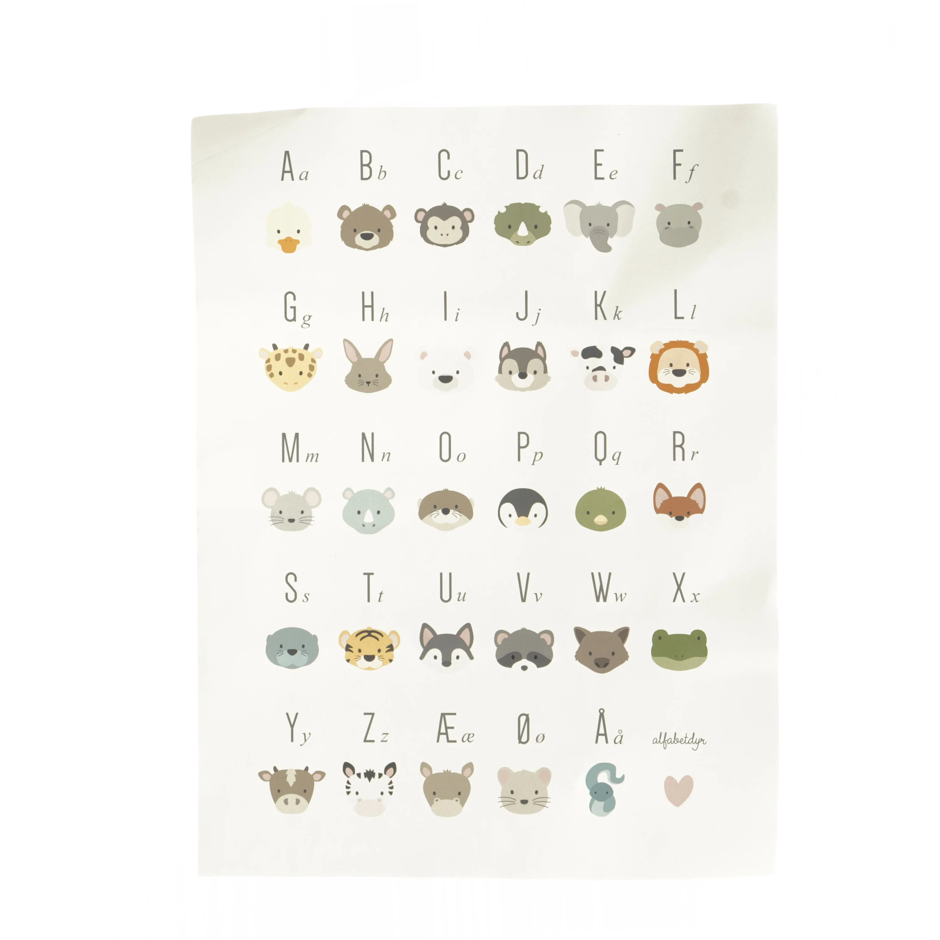 Børne alfabetplakat med dyremotiver (str. 39x29,6 cm)