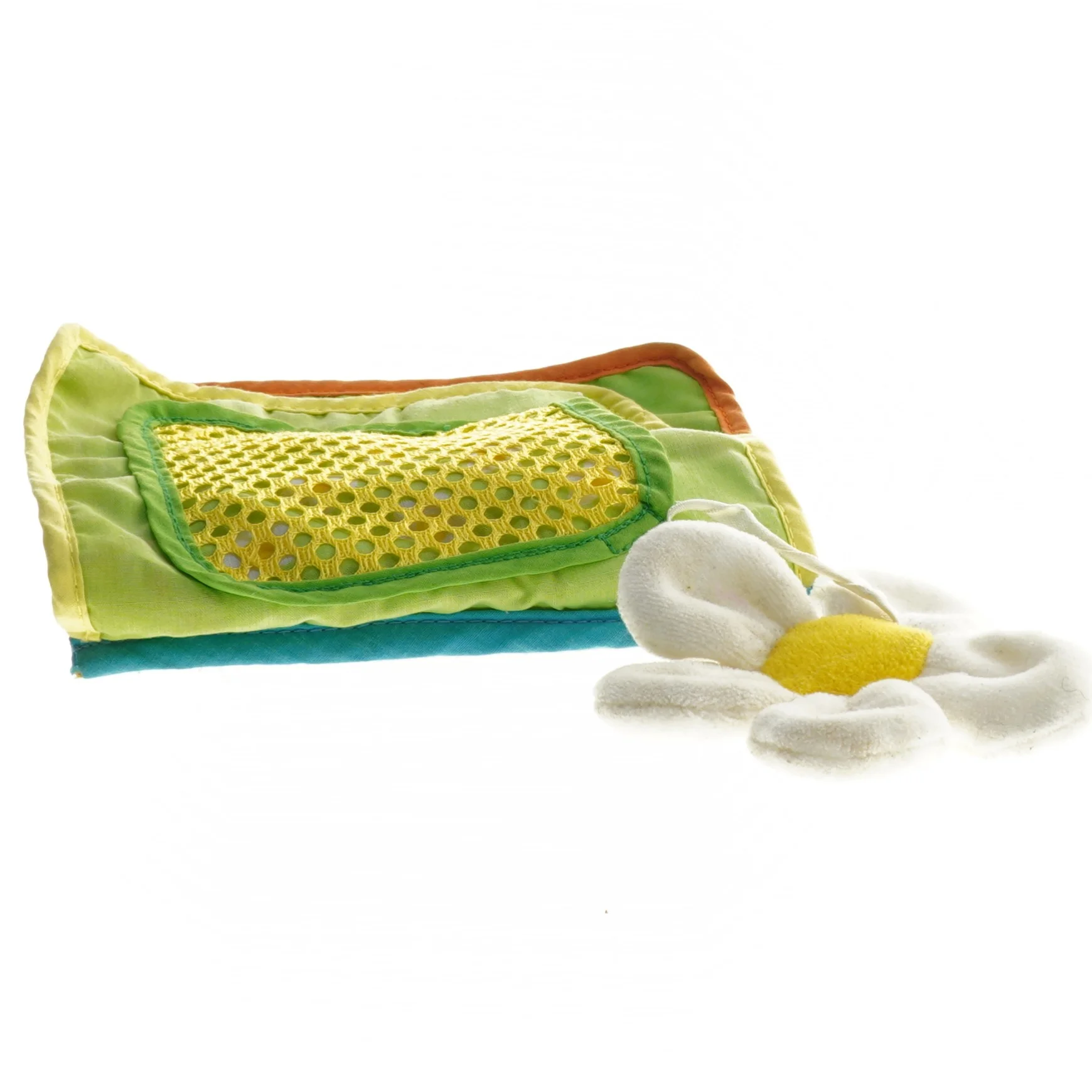 Stofbabybog med blomst (str. 13x13 cm)