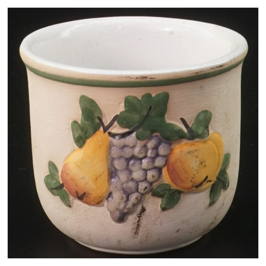 Dekorativ krukke med frugtmotiv (str. 7x8 cm)