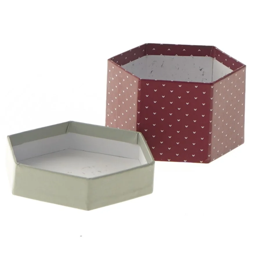 Hexagon æske med julemotiv (str. 5x8 cm)