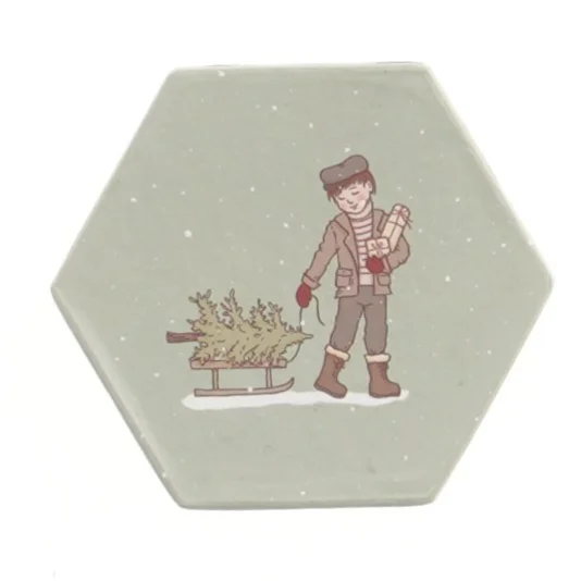 Hexagon æske med julemotiv (str. 5x8 cm)