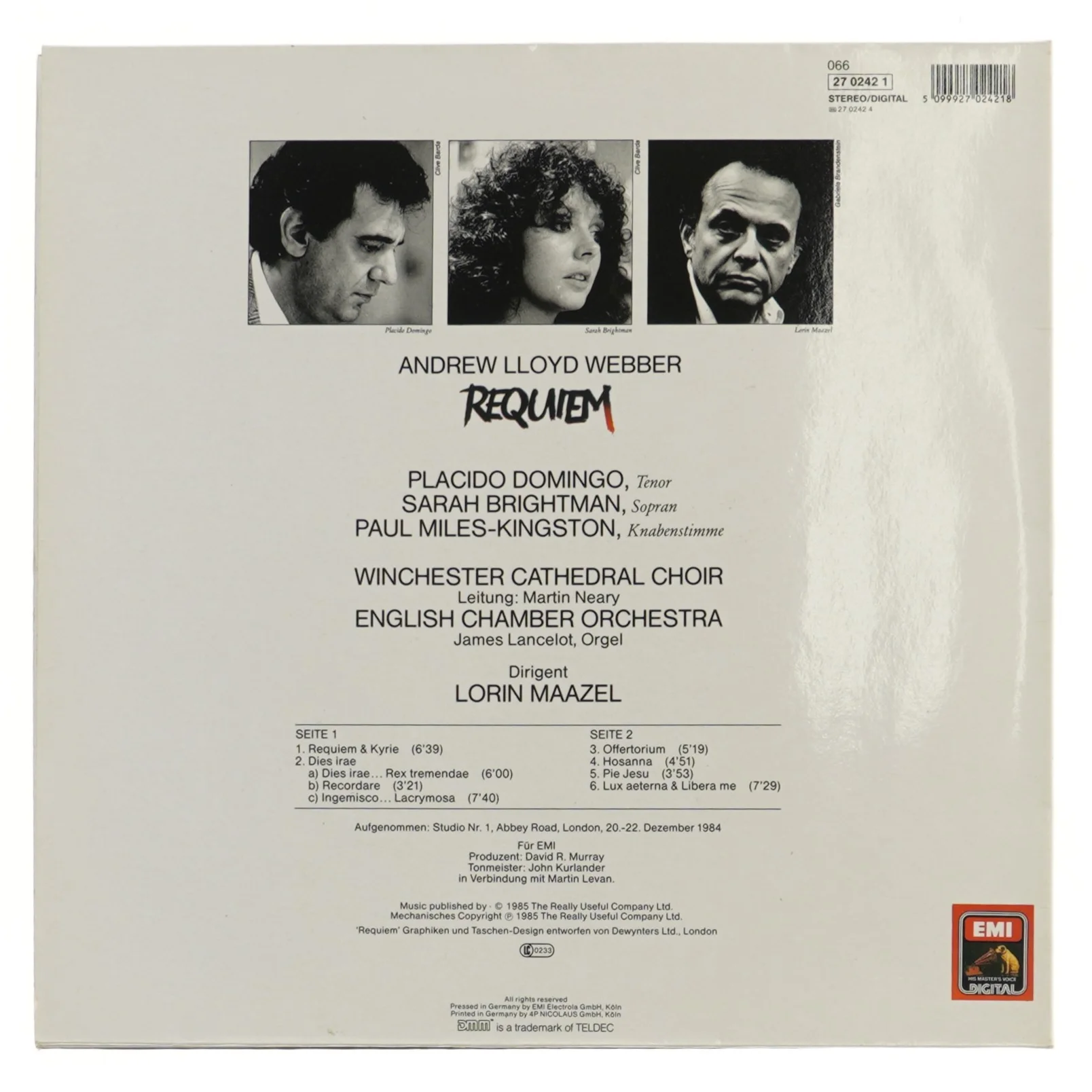 Andrew Lloyd Webber Requiem LP fra EMI Classics (str. 31,5x31 cm)