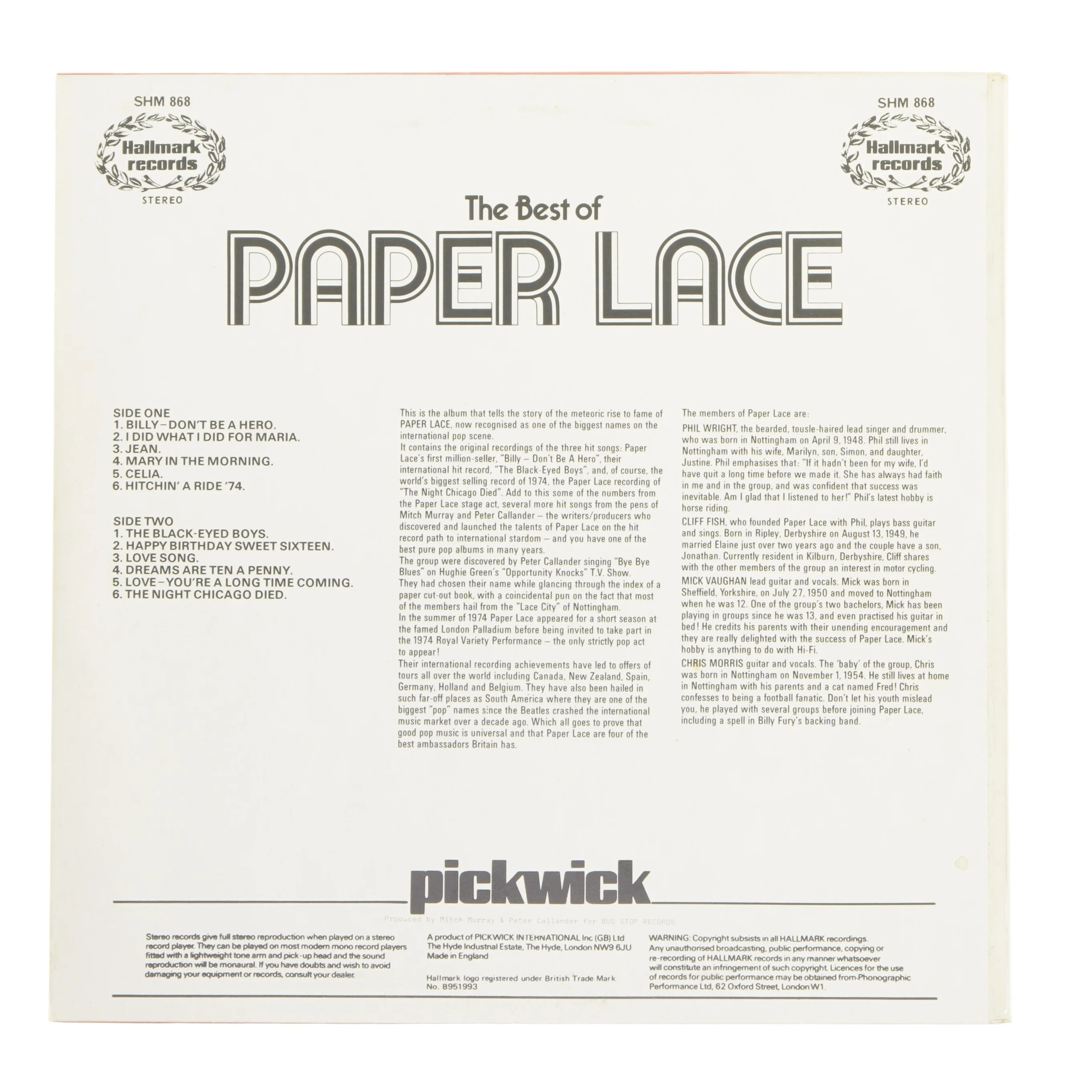 The Best of Paper Lace Vinyl Record fra Hallmark Records