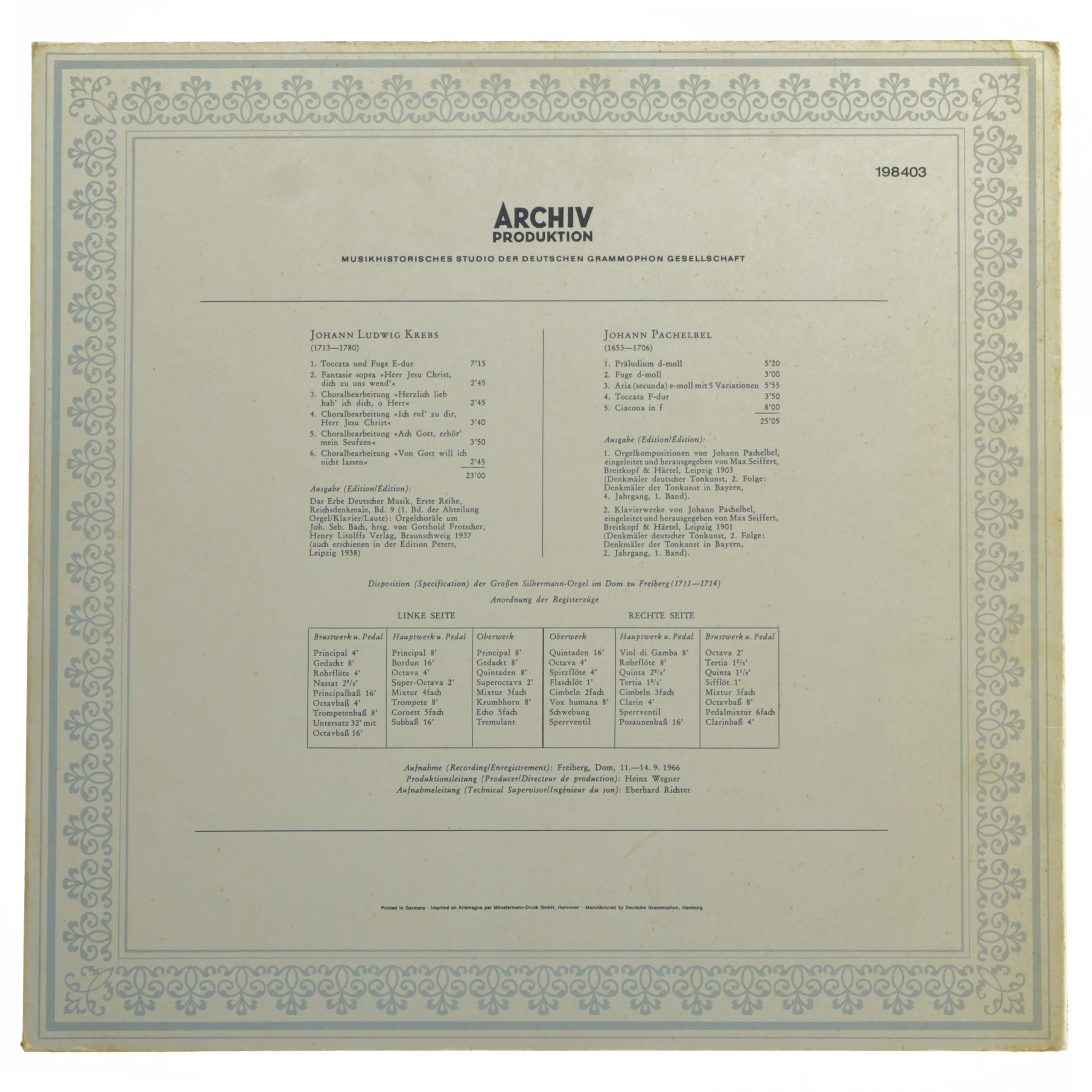 Orgelwerke LP af Kreb og Pachelbel fra Archiv Produktion