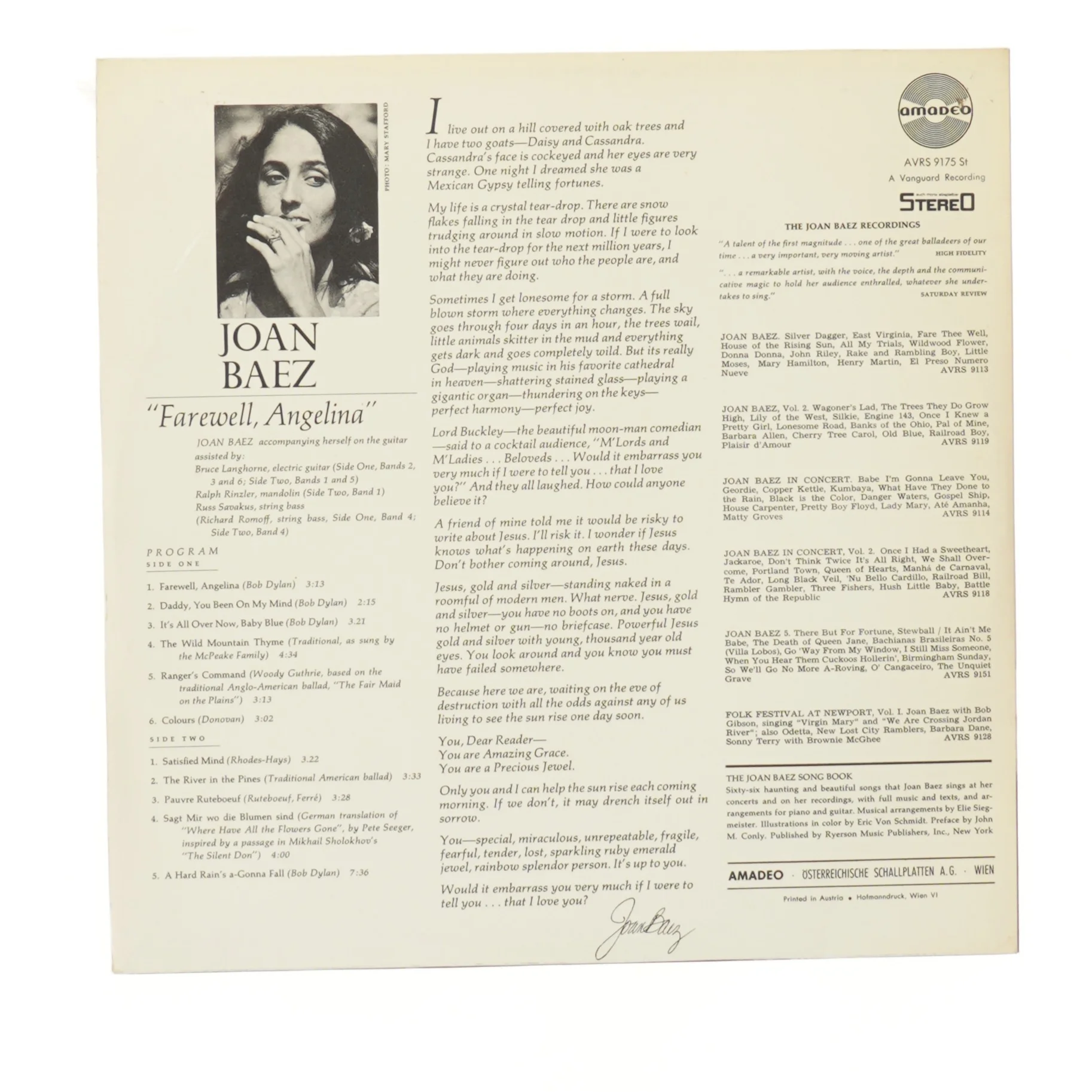 Farewell, Angelina - Joan Baez Vinyl LP fra Amadeo