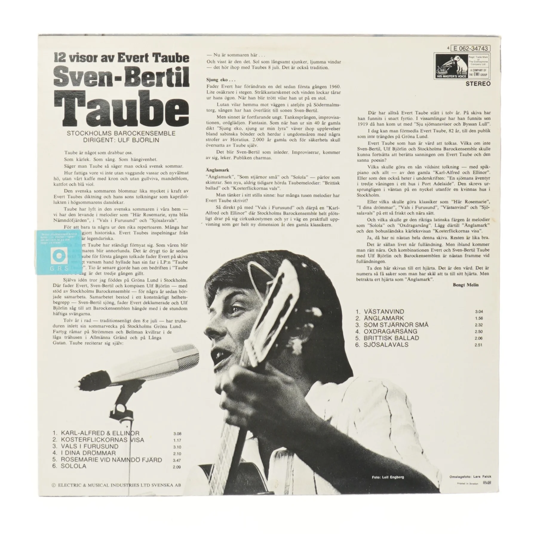Sven-Bertil Taube LP - 12 visor av Evert Taube fra EMI