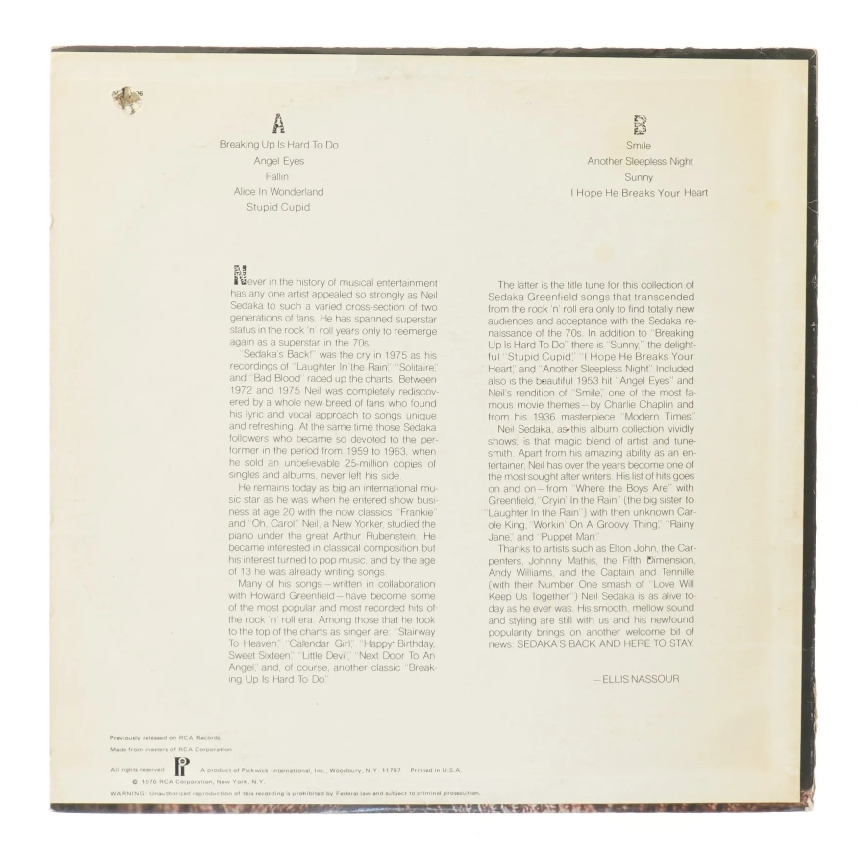 Neil Sedaka LP 'Breaking Up is Hard to Do'