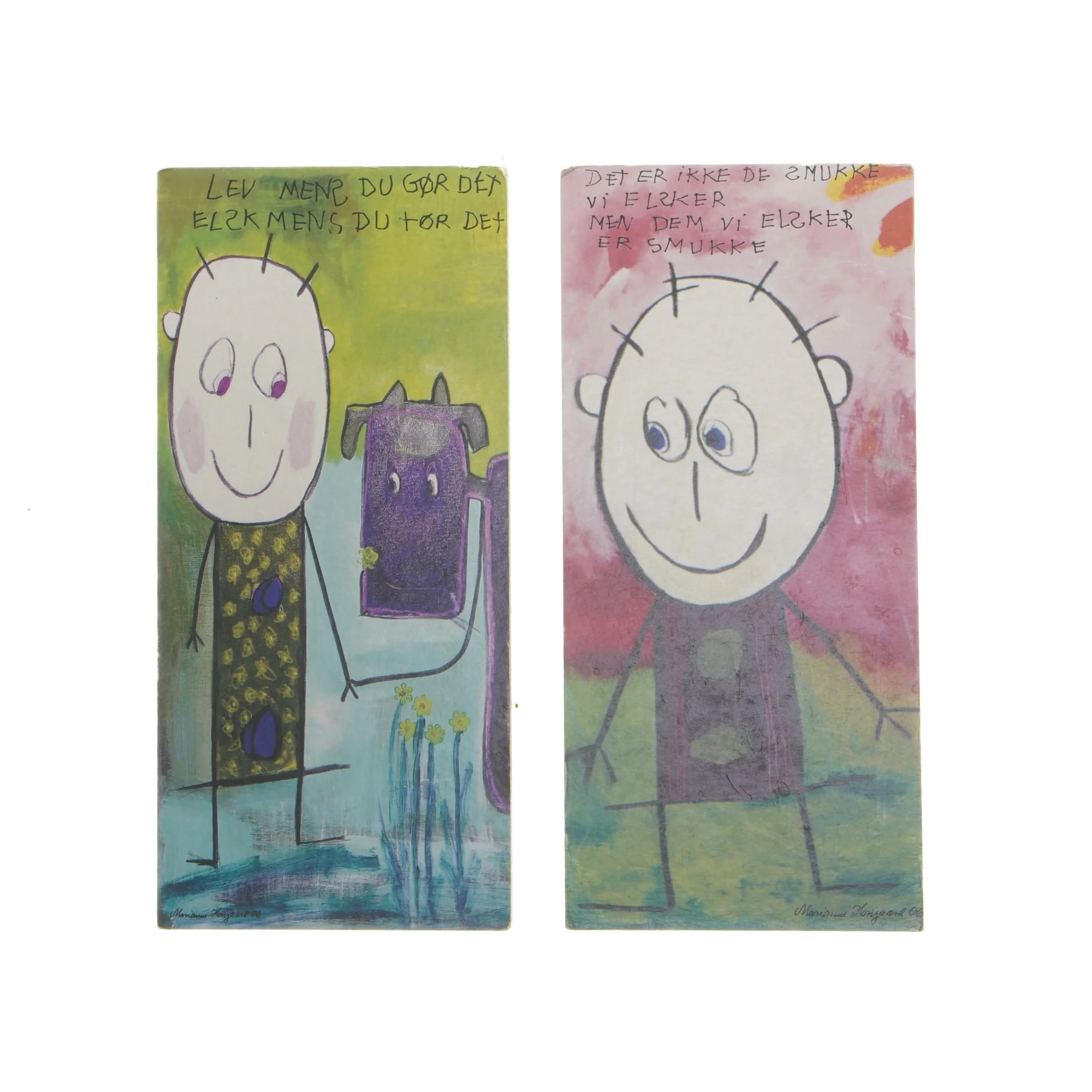 To vægdekorationer med tegninger fra Marianne Hougaard (str. 20x9,5 cm)
