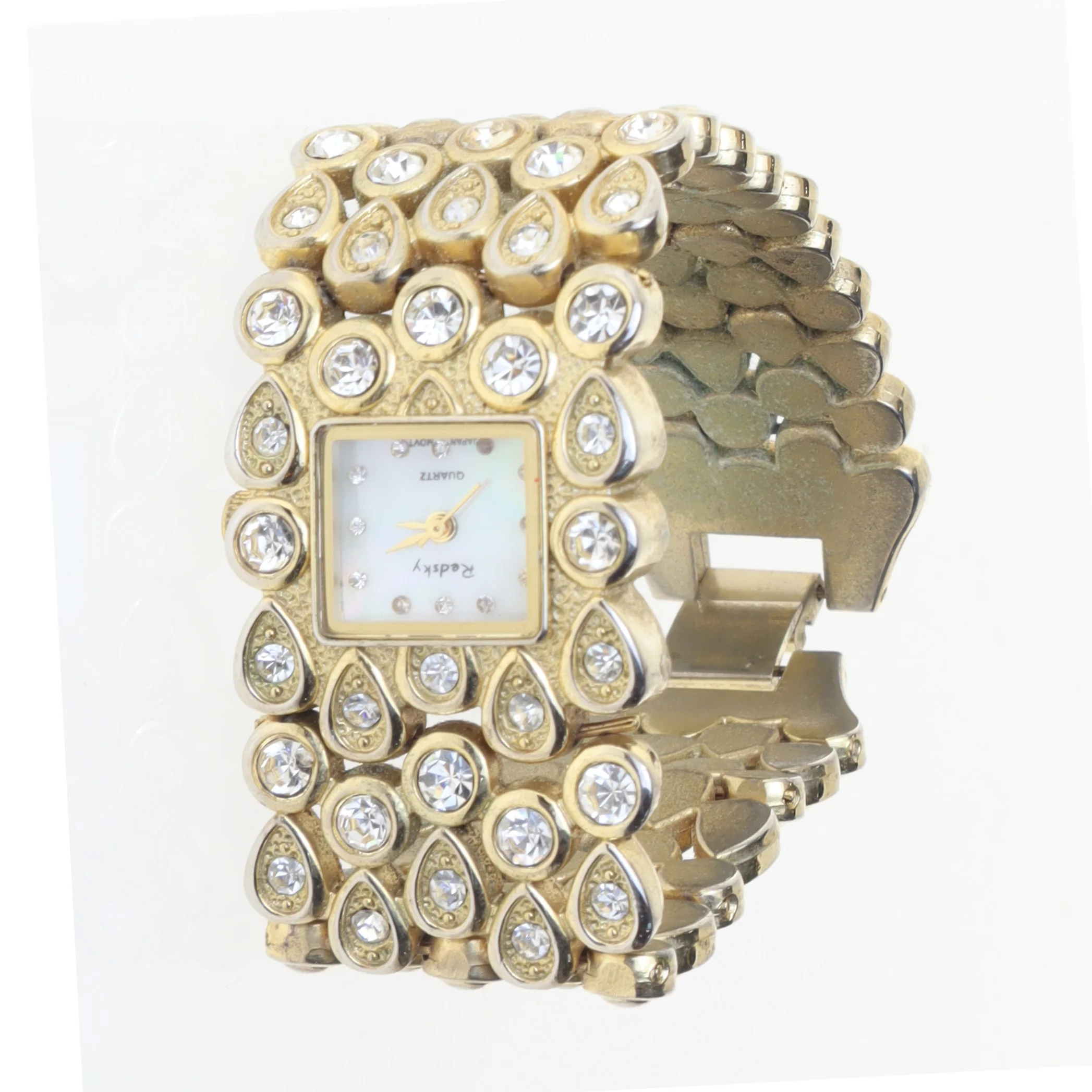 Guldfarvet ur med krystaller (str. 30 mm)