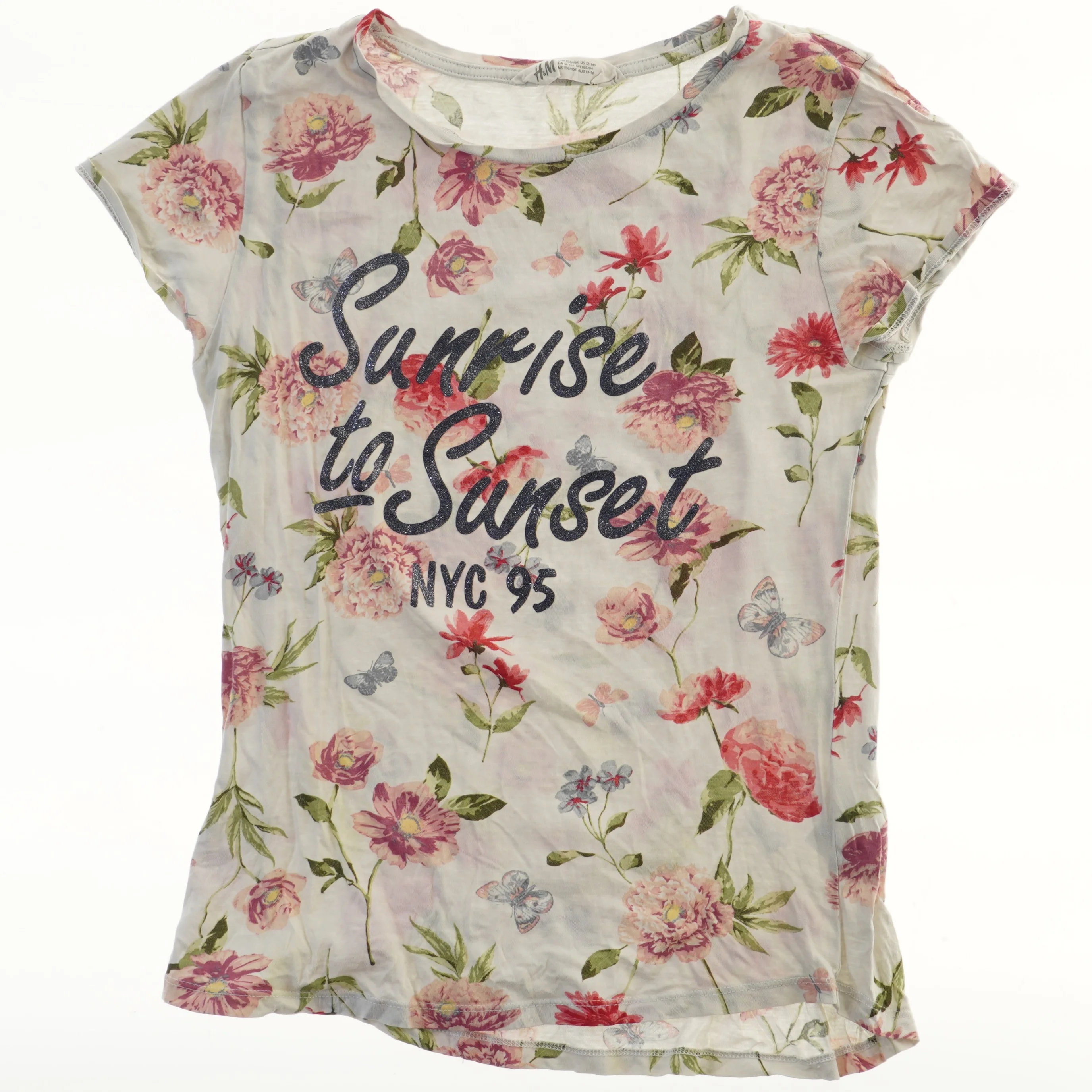 Kortærmet blomstret T-shirt fra H&M (str. 158)