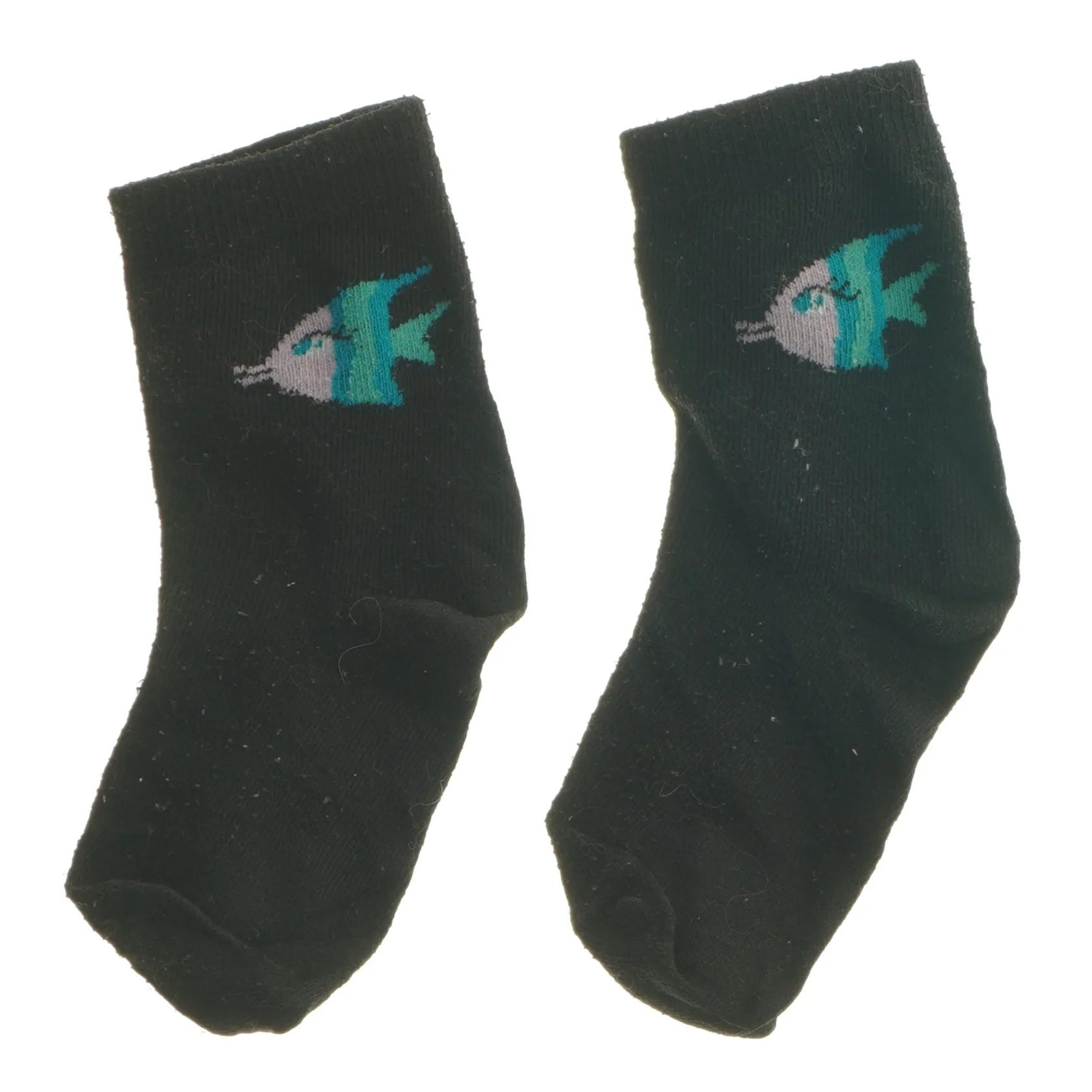 Små sorte sokker med fiskeprint (str. 12 cm)