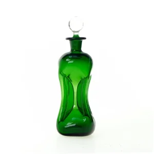 Klukflaske i grønt glas fra Holmegaard (Højde 20 cm. Diameter 7 cm.)