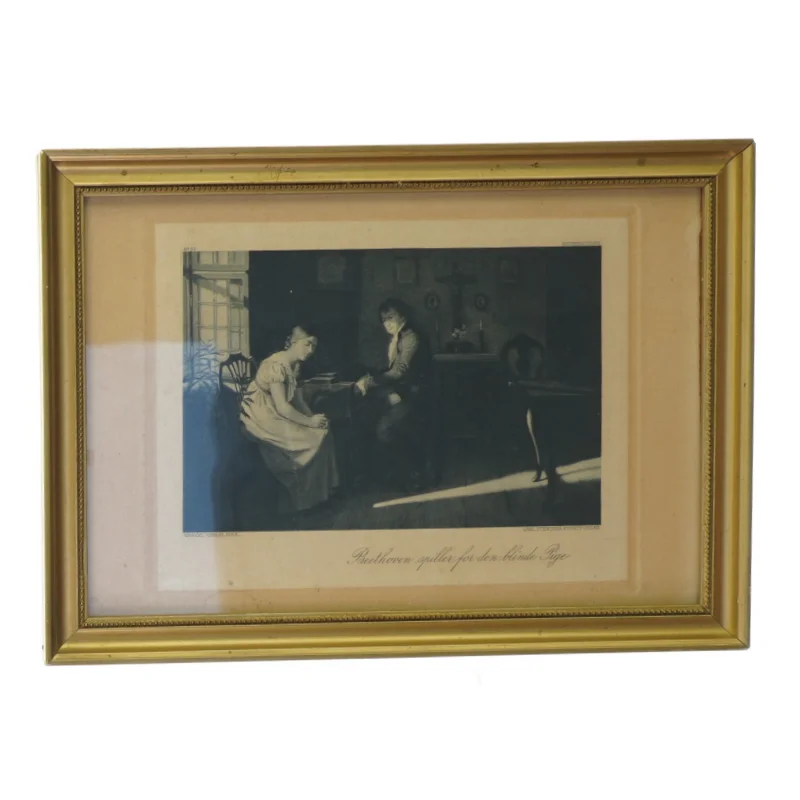 Gammel gylden træramme med billede “Beethoven spiller for den blinde pige” Carl Stenders Forlag  (27 x 20 cm)