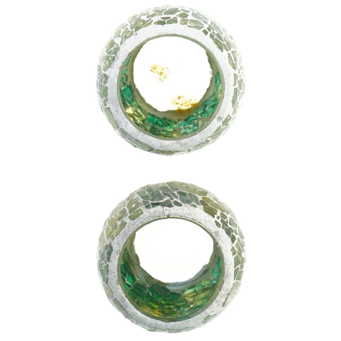 To kugleformede fyrfadsstager i grøn glasmosaik