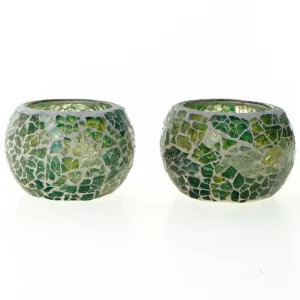 To kugleformede fyrfadsstager i grøn glasmosaik