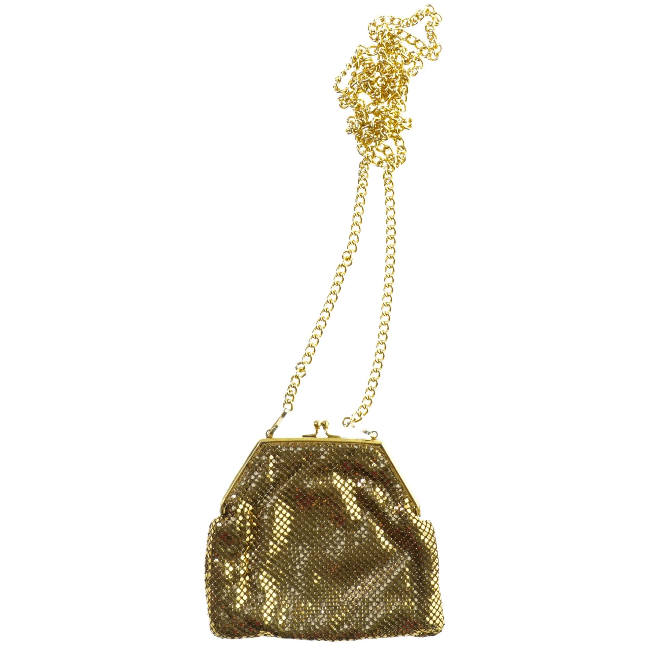 Selskabstaske i guld-metal med lang kæde (str. 15 x 14 cm)