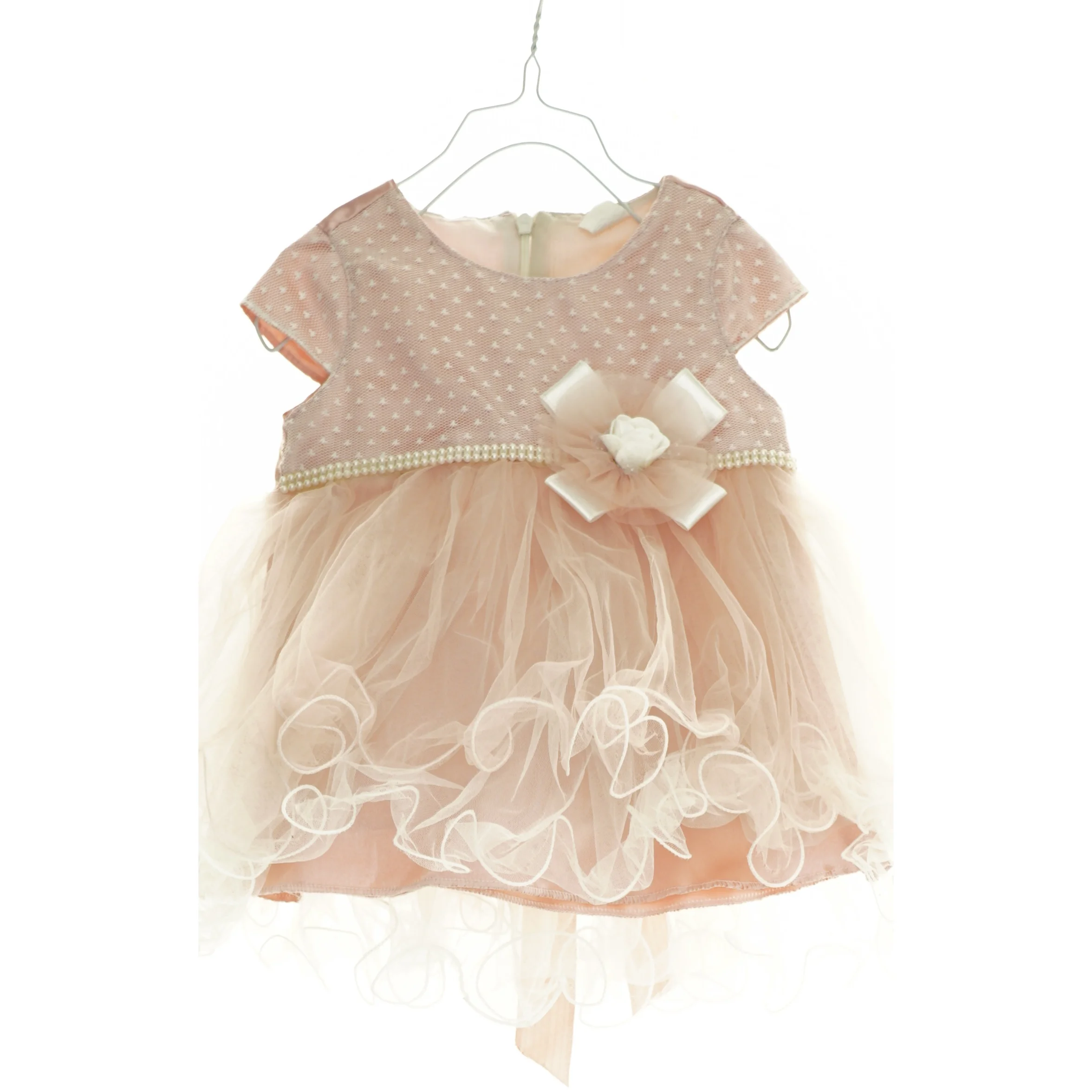 Kjole med tyl, blonde, perler og sl&oslash;jfe (str. 74 cm)