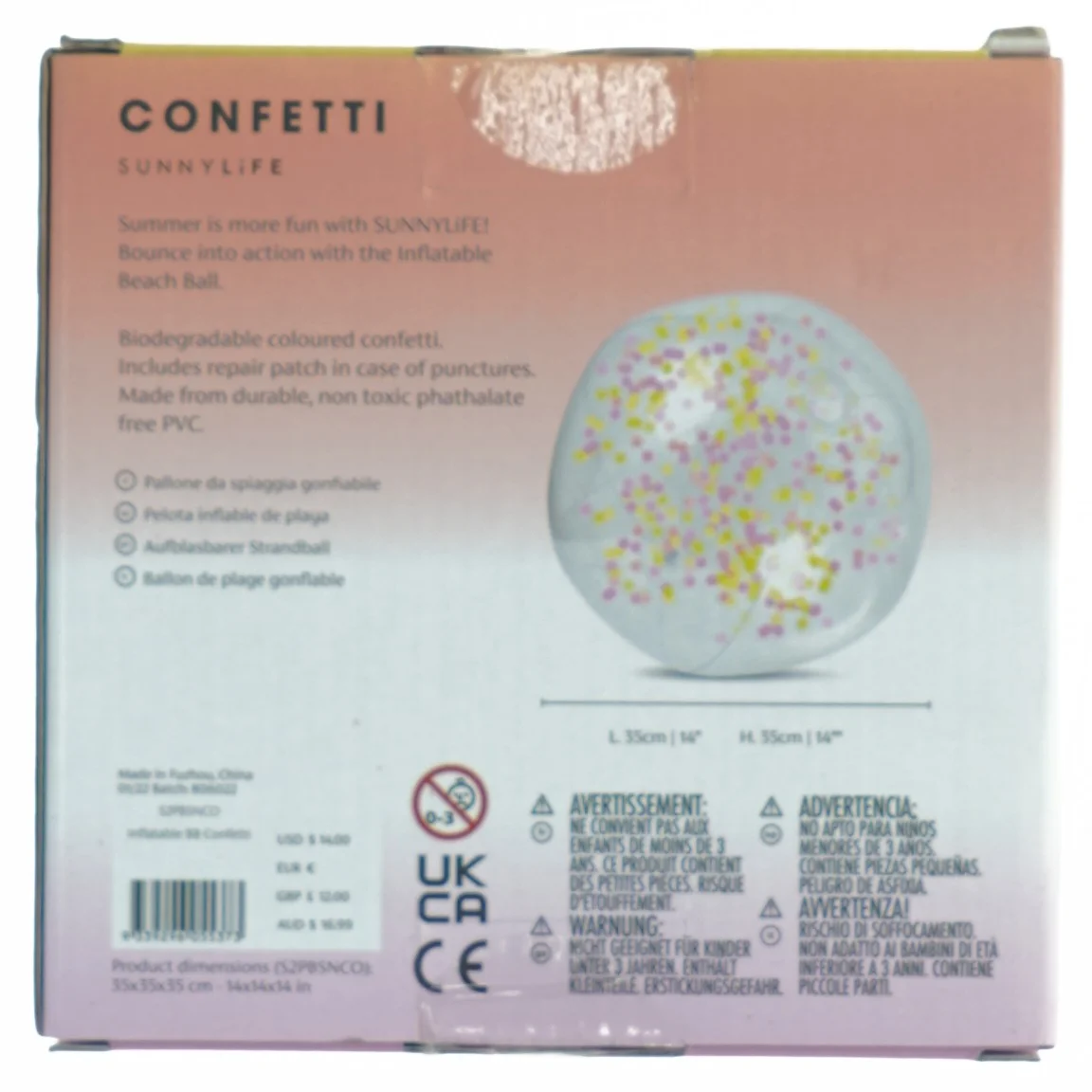 Oppustelig strandbold med konfetti fra Sunnylife (str. Kasse 15,5 x, 14,5 x, 5 cm)
