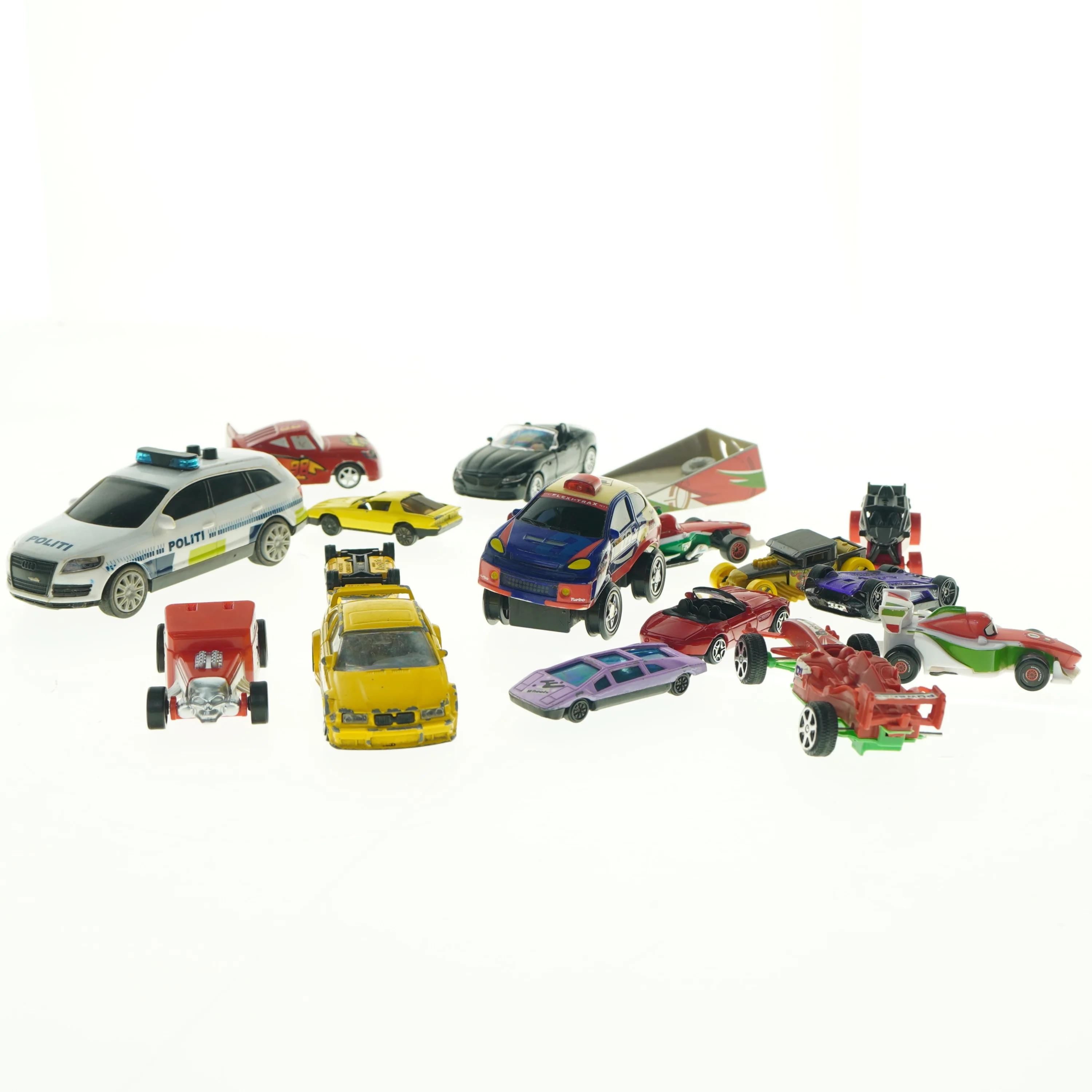 Blandet samling af legetøjsbiler (str. 7 x 3 cm til 14 x 5,5 cm)