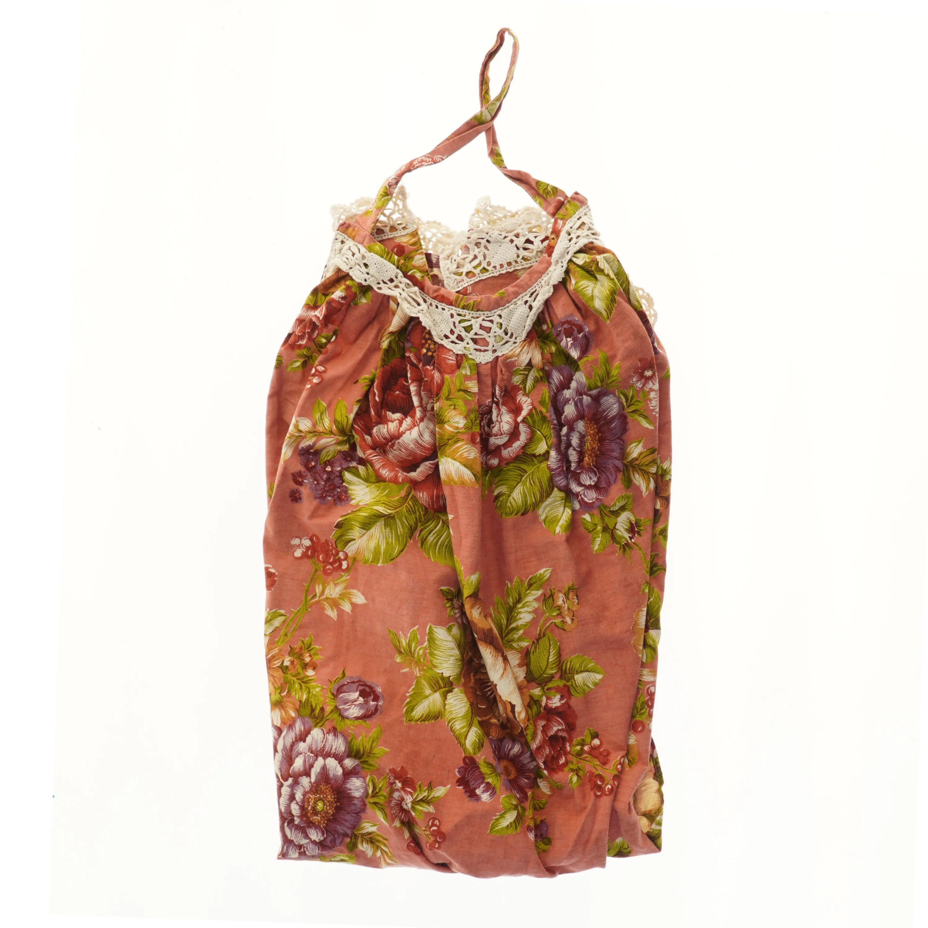 Blomstret forklæde med blondekant (str. 113x80 cm)