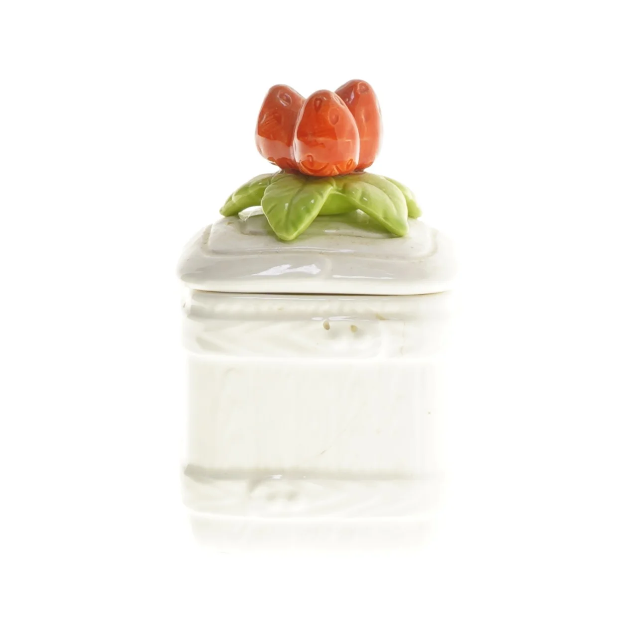 Dekorativ porcelænsbeholder med låg (str. 12x7x7 cm)