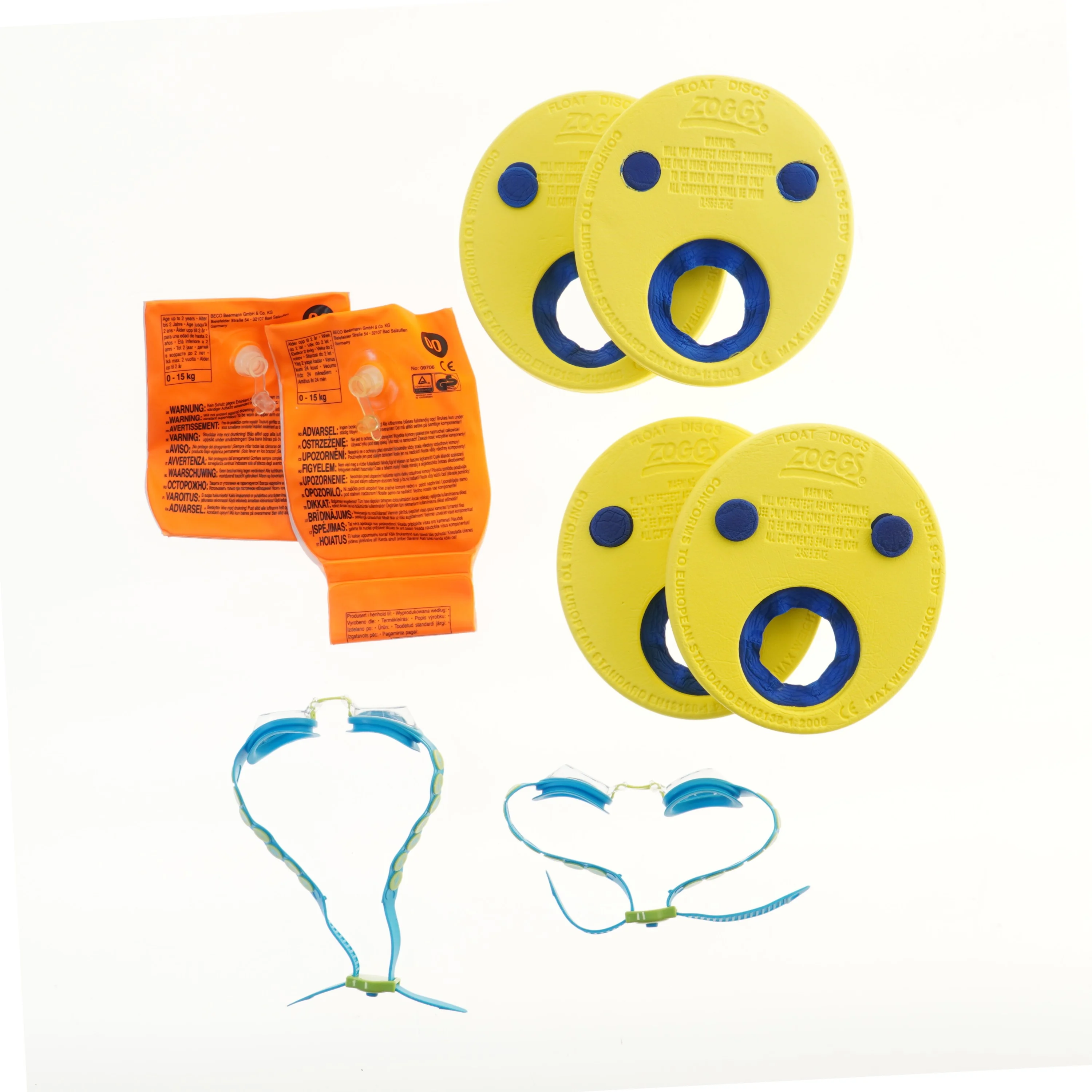 Bades&aelig;t med sv&oslash;mmebriller og armringe fra Beco (str. &Oslash; 18 cm)