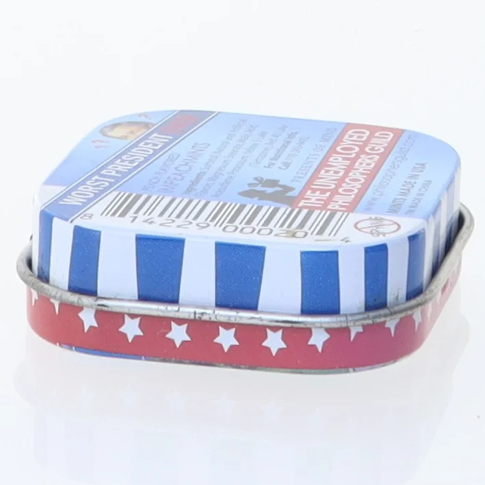 Metaldåse med pastiller, præsident Bush motiv (str. 4,5 x 4,5 cm)