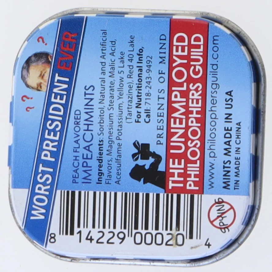 Metaldåse med pastiller, præsident Bush motiv (str. 4,5 x 4,5 cm)