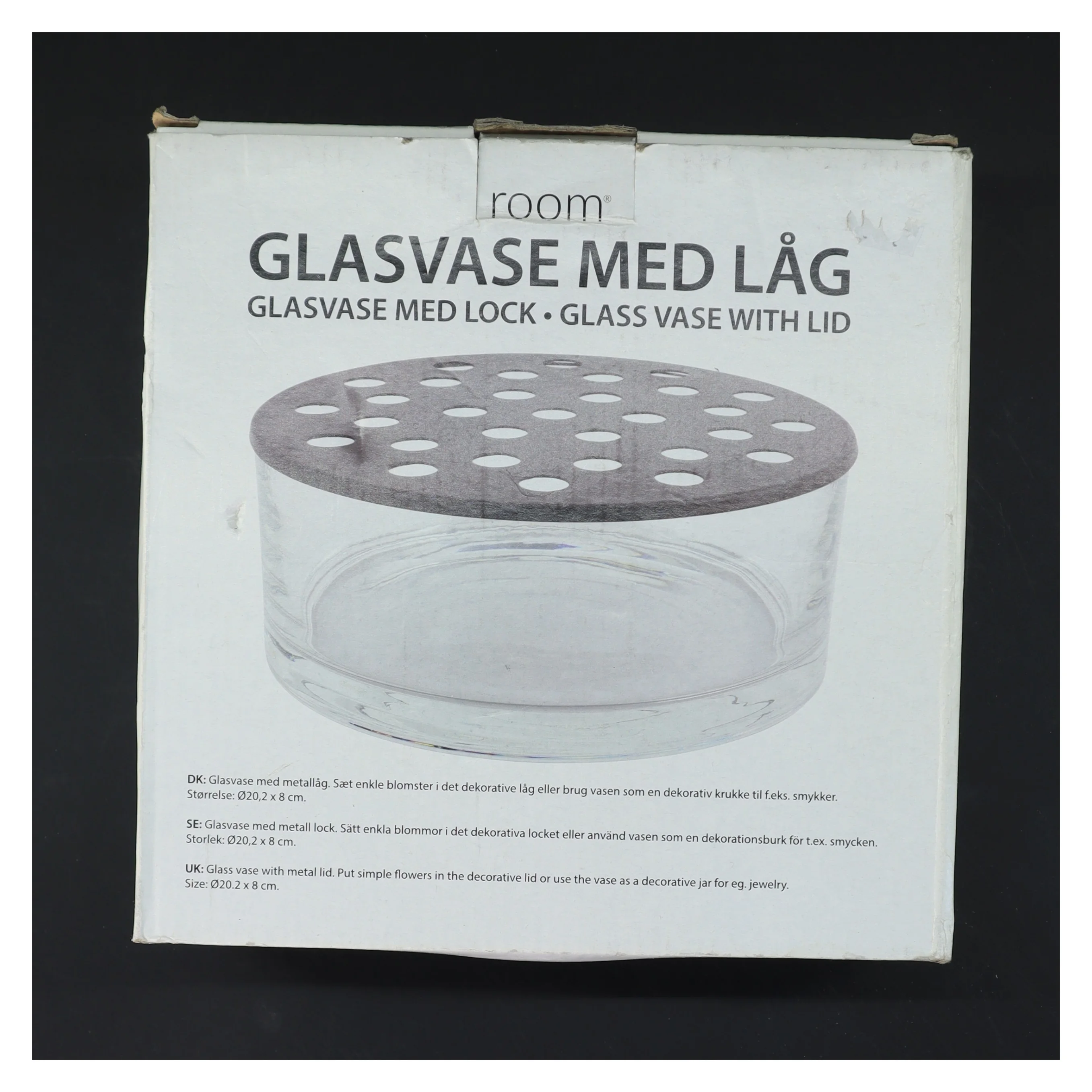 Glasvase med låg med huller i (str. Ø 20 cm)