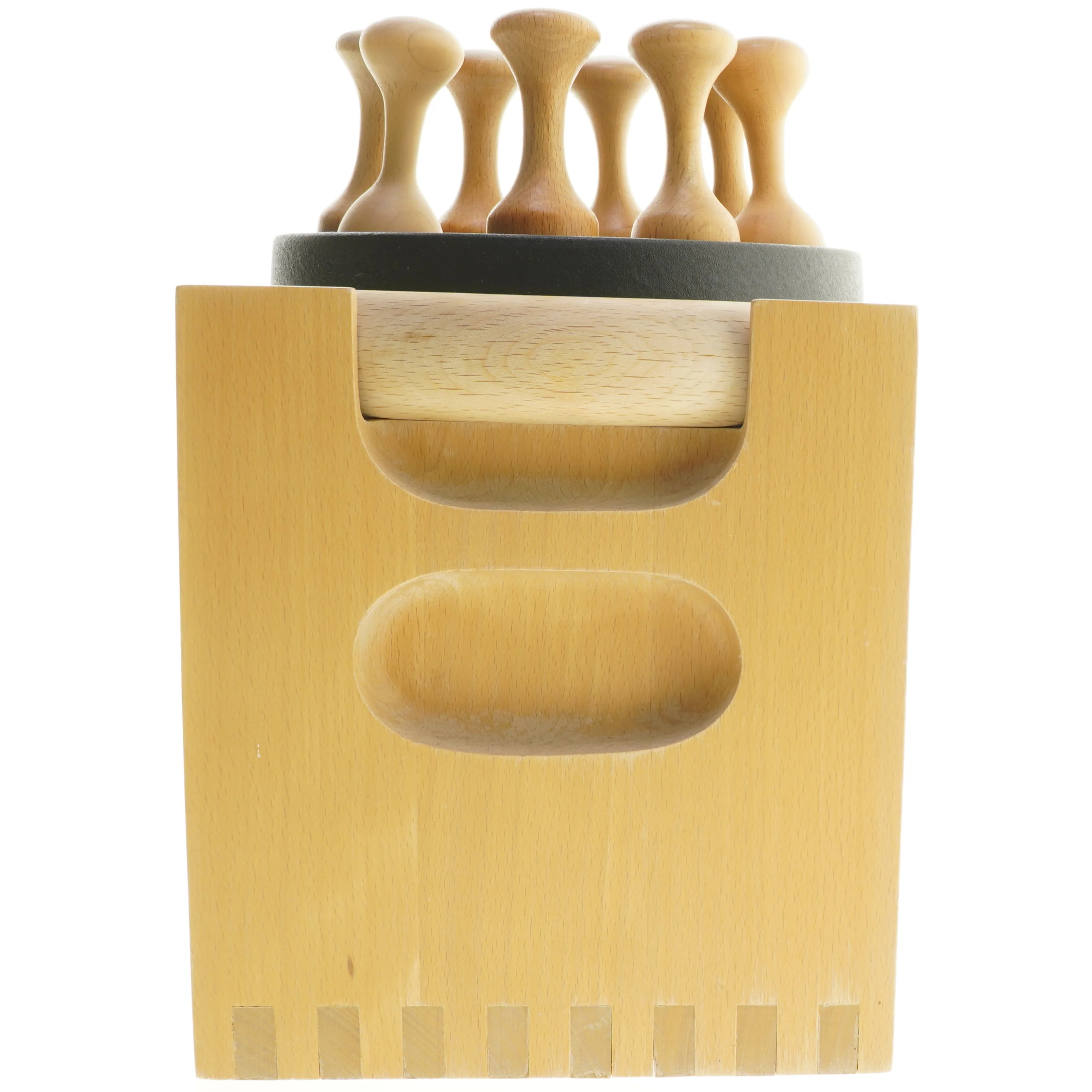 Nissen støbejernsfonduesæt med stativ i bøgetræ (str. 26x17 cm)