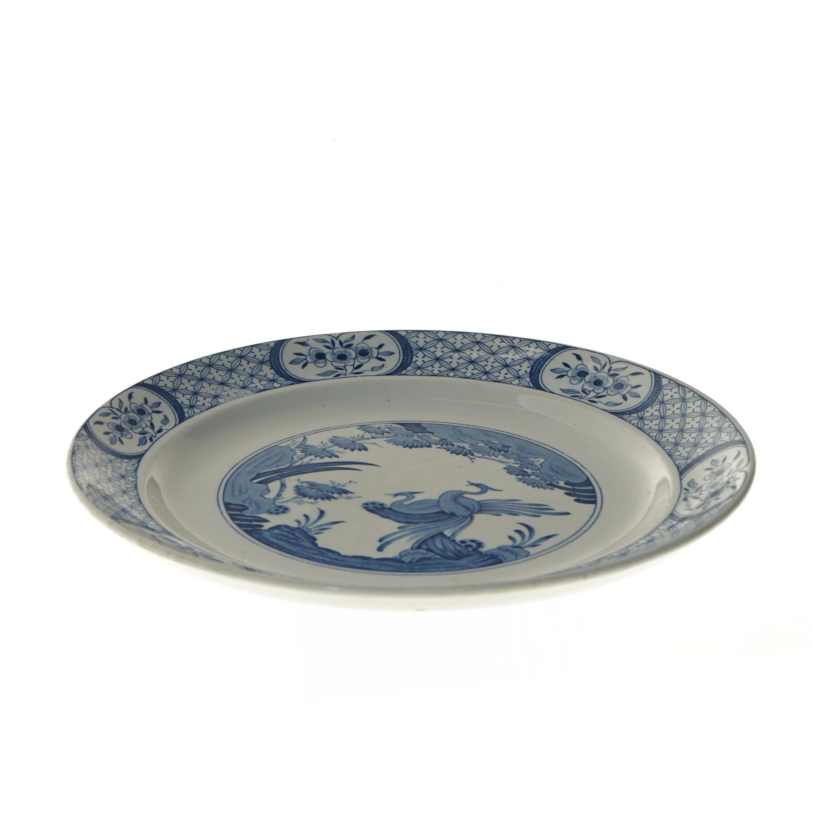 Blå og hvid tallerken med fugldekoration (str. Ø 32,5 cm)