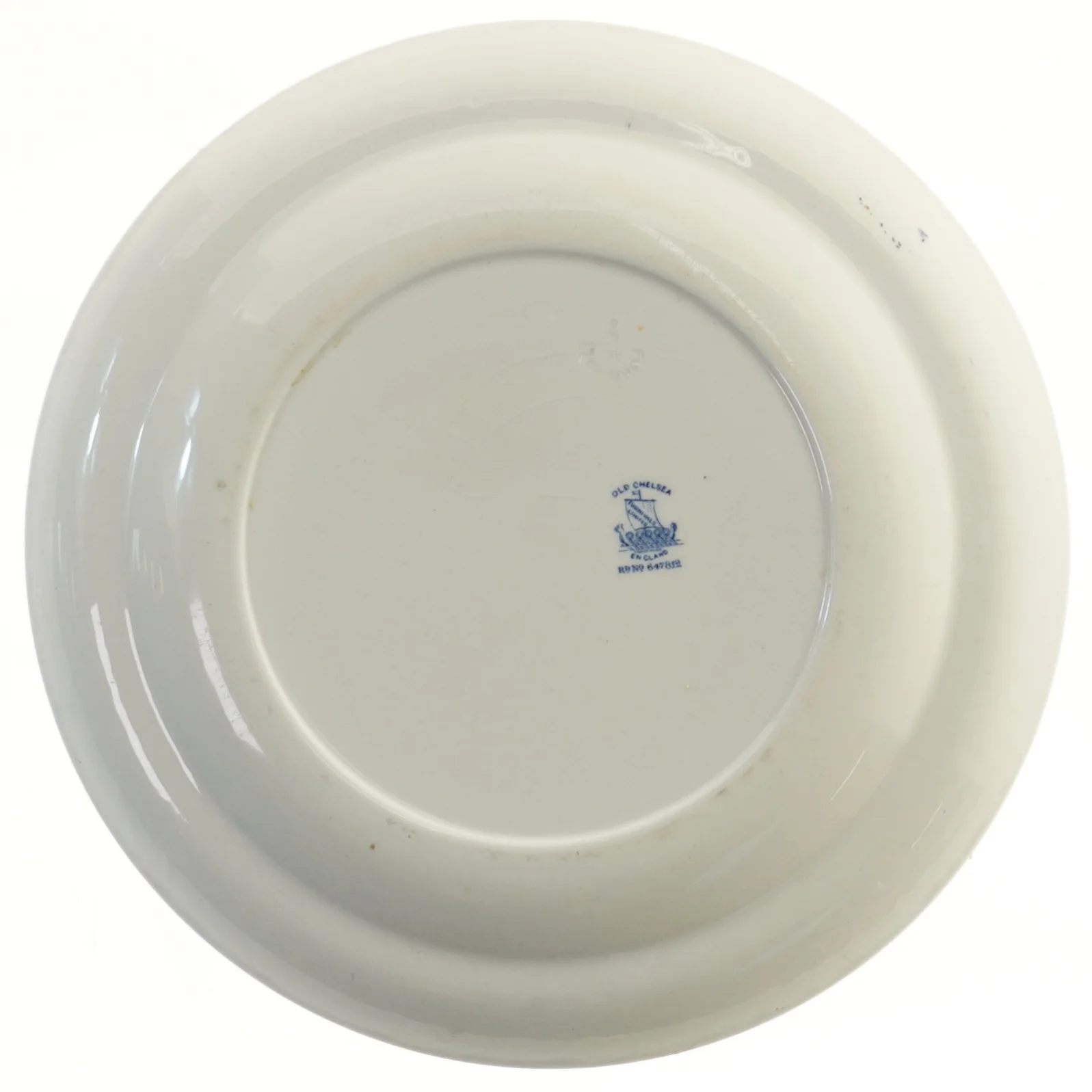 Blå og hvid tallerken med fugldekoration (str. Ø 32,5 cm)