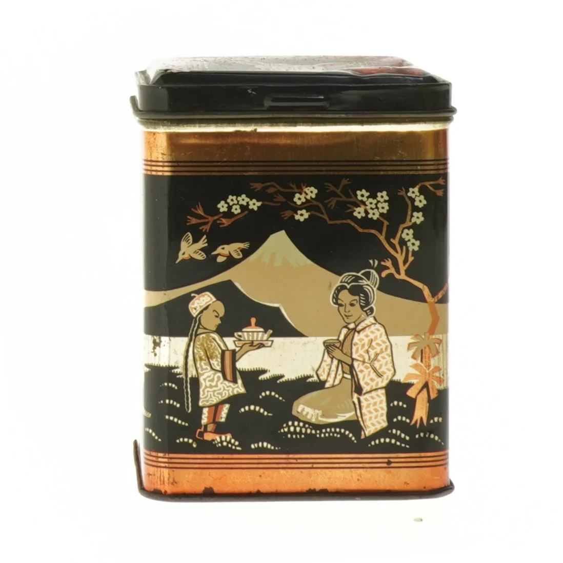 Dekorativ metald&aring;se med japansk motiv (str. 12x9x9 cm)