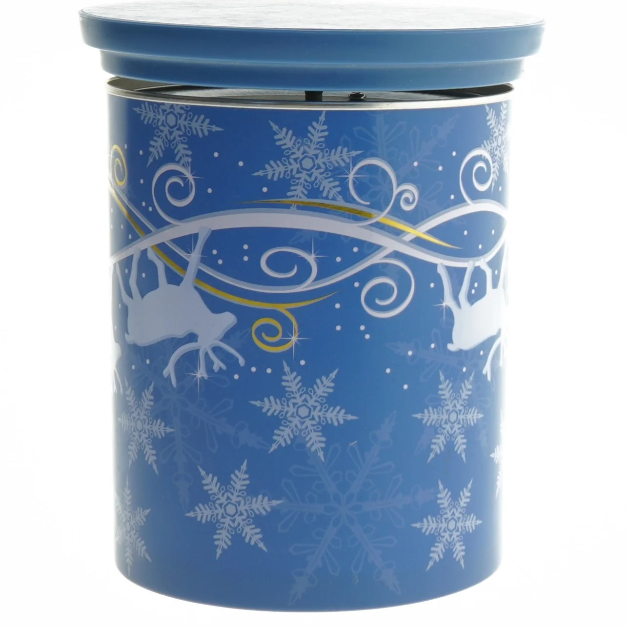 Blå musikdåse med rensdyrmotiv (str. Ø  12x16 cm)