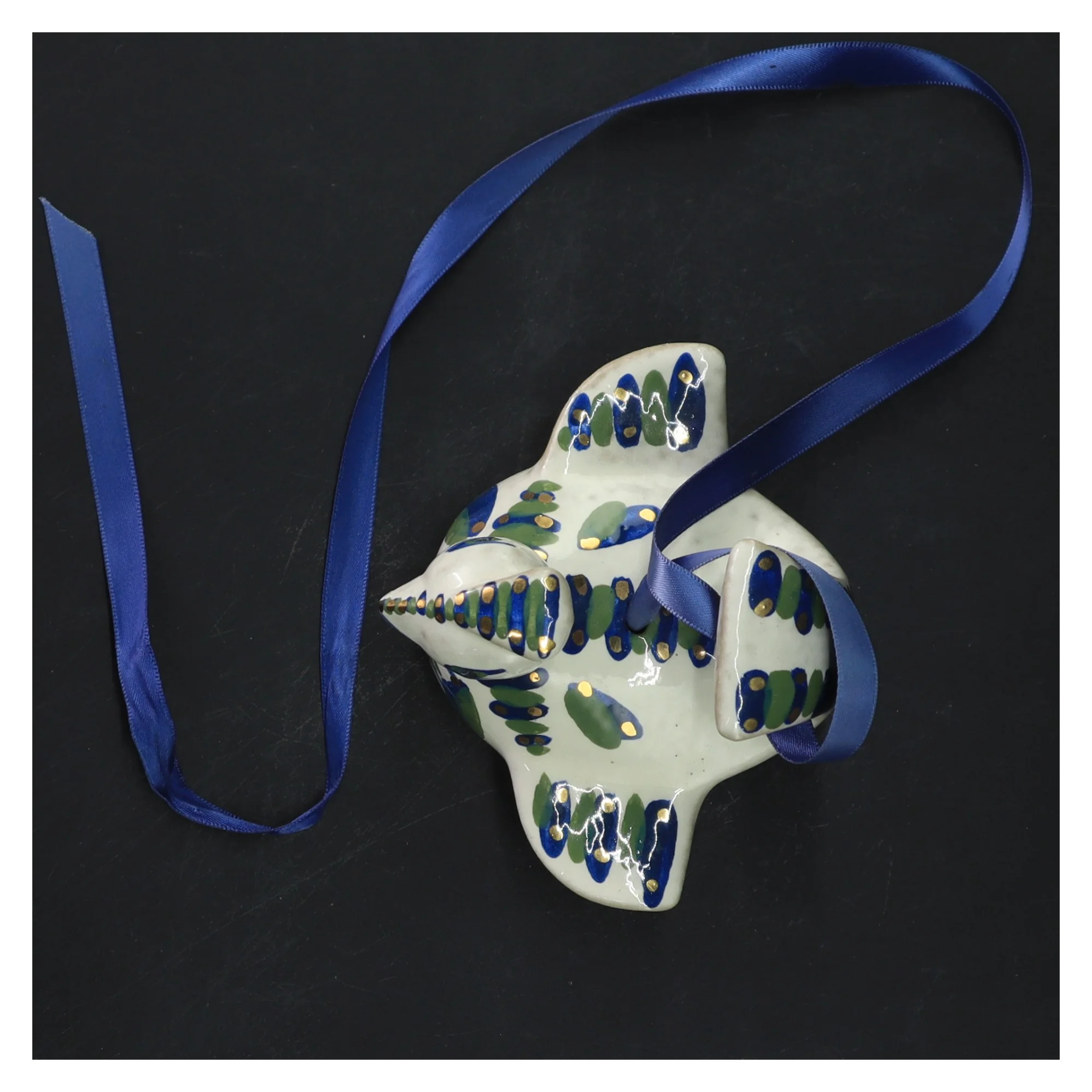 Dekorativ keramik fugl med bånd (str. 8 cm)