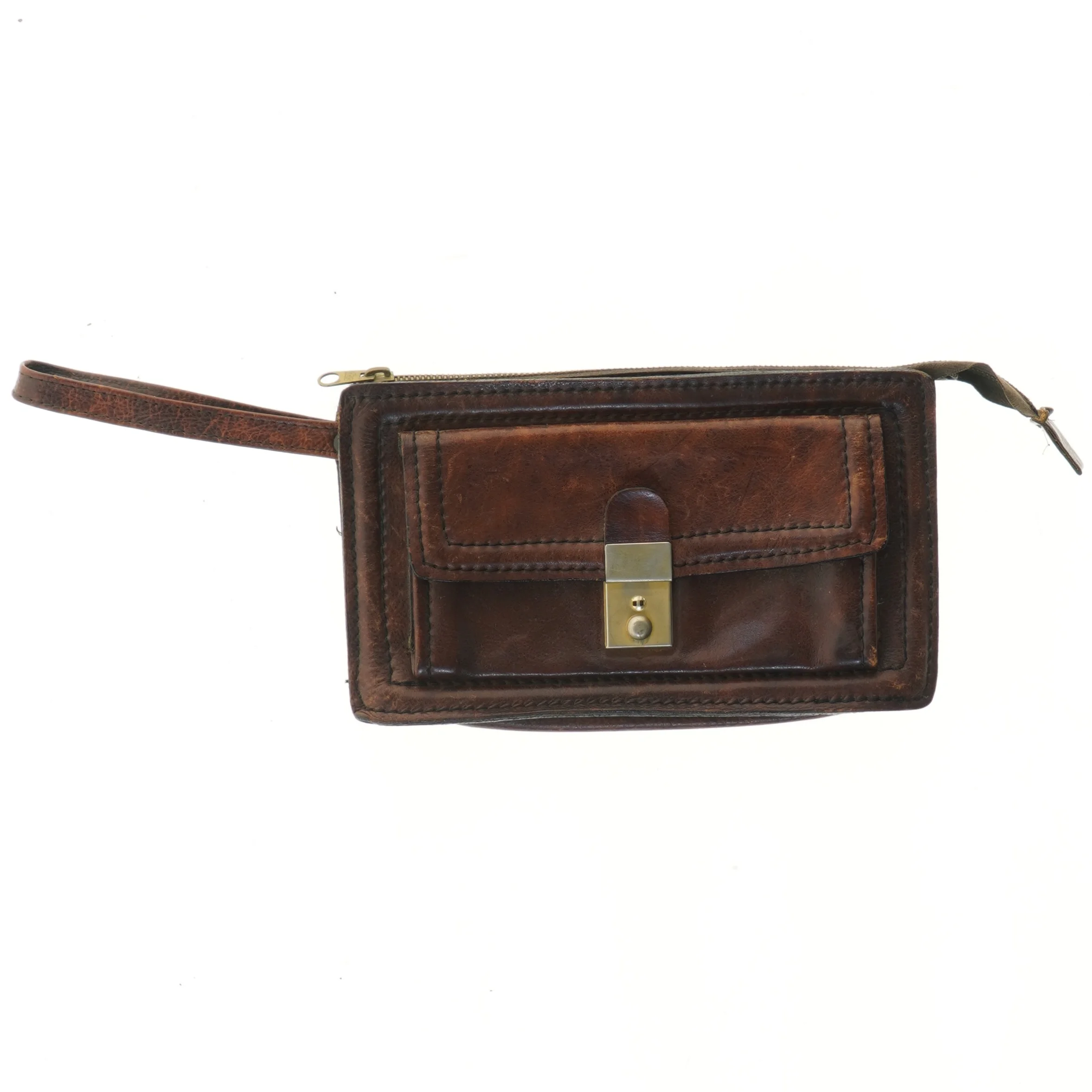 Brun læderpung med rem (str. 25x15 cm)