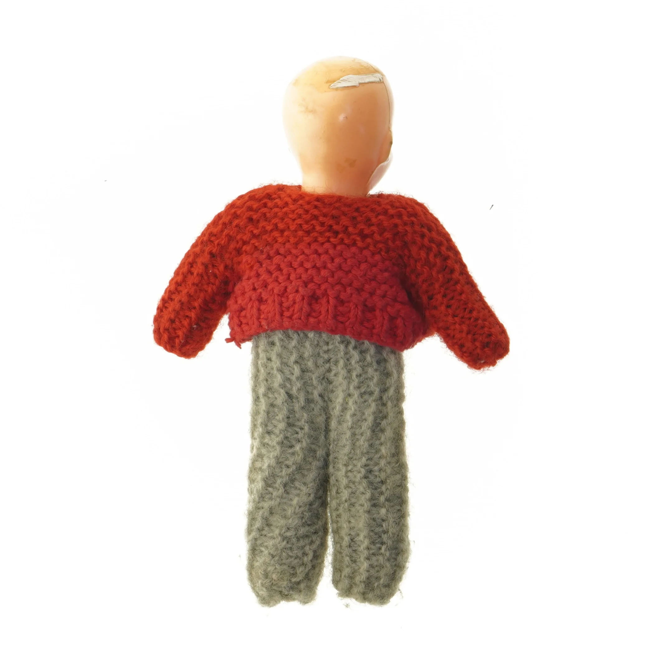 Vintage Strikket dukke med rød sweater (str. 23 cm)