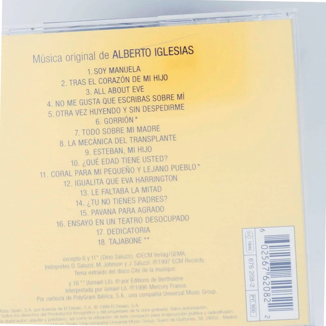 CD med soundtracket til 'Todo Sobre Mi Madre'