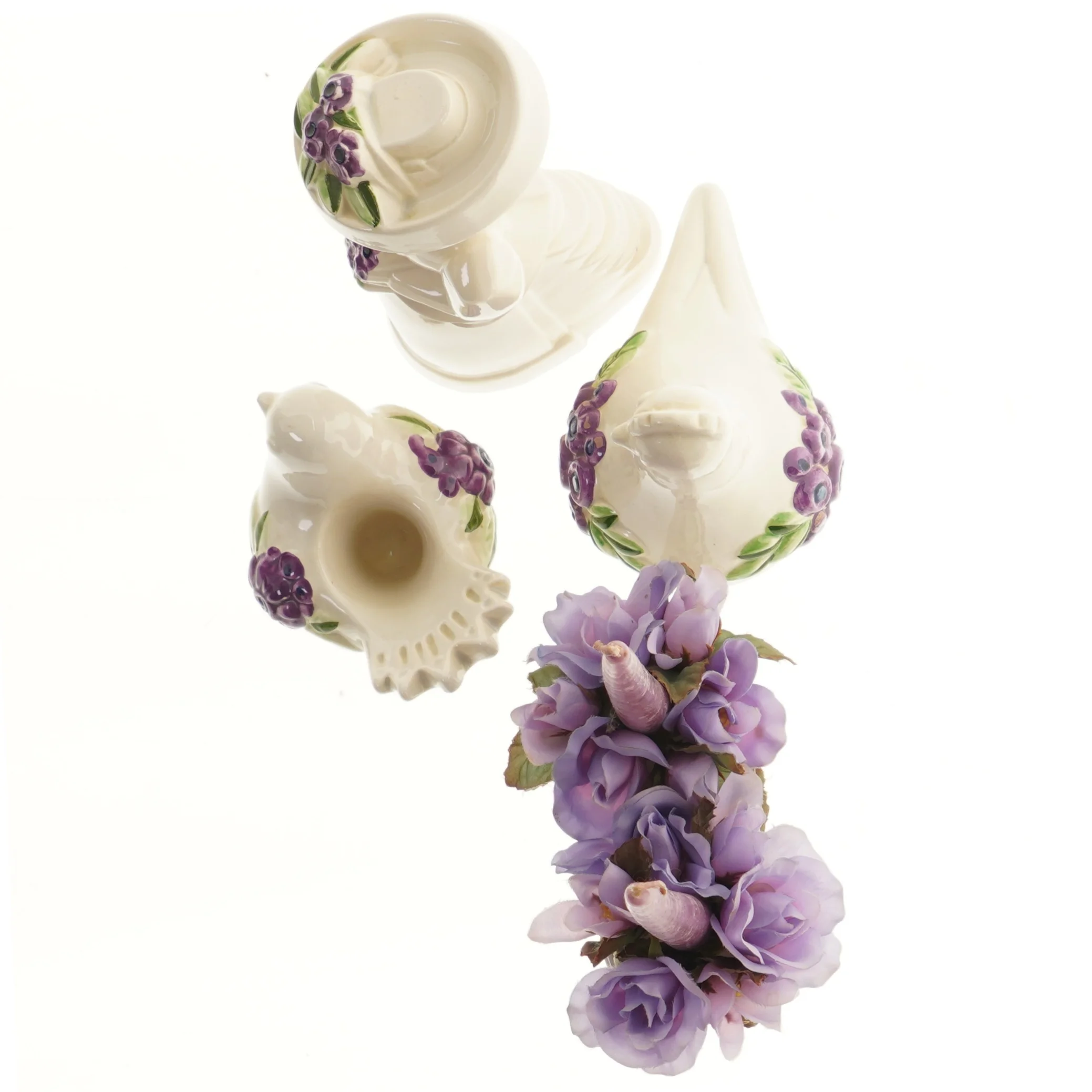 Keramik dekorationssæt med lilla blomster (str. 13-28 cm)