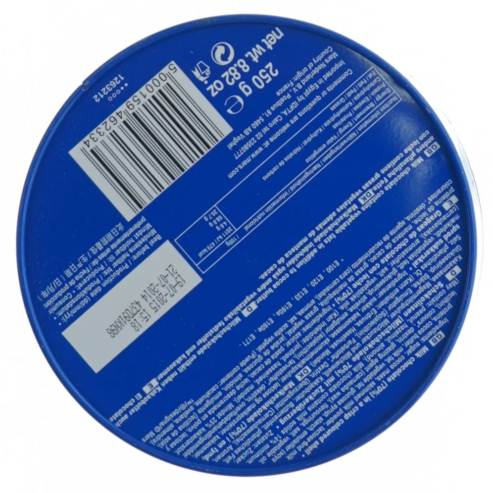 Blå M&M's metalbeholder fra M&M (str. Ø 13 cm)