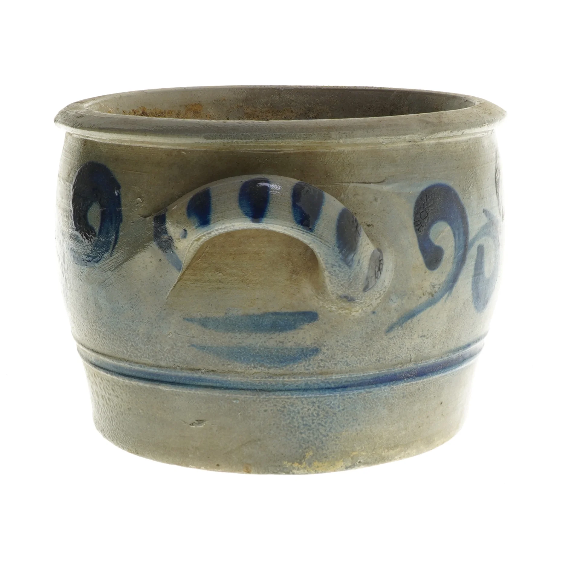 Keramikpotte med blå mønster (str. Ø 19 cm længde 13,5 cm)