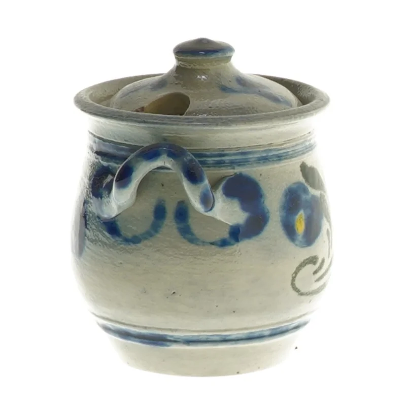 Keramik krukke med låg og dekor (str. Ø 6,5 cm længde 7,5 cm)