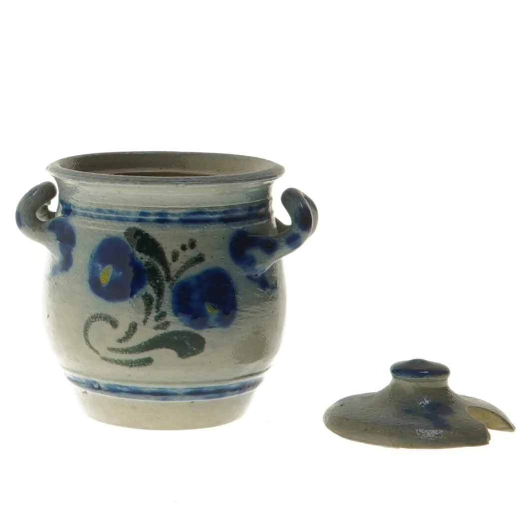 Keramik krukke med låg og dekor (str. Ø 6,5 cm længde 7,5 cm)