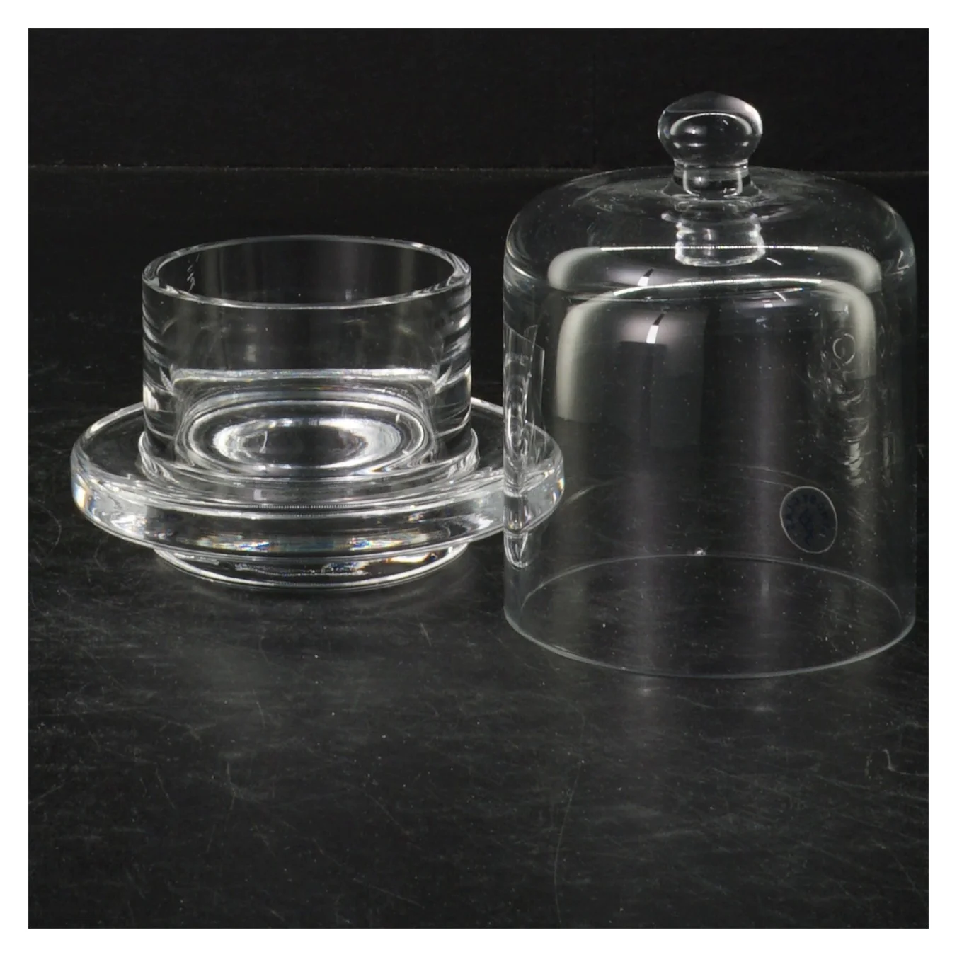 Glas osteklokke med underfad fra Lyngby glas (str. Ø. 10 cm. længde, 13 cm)