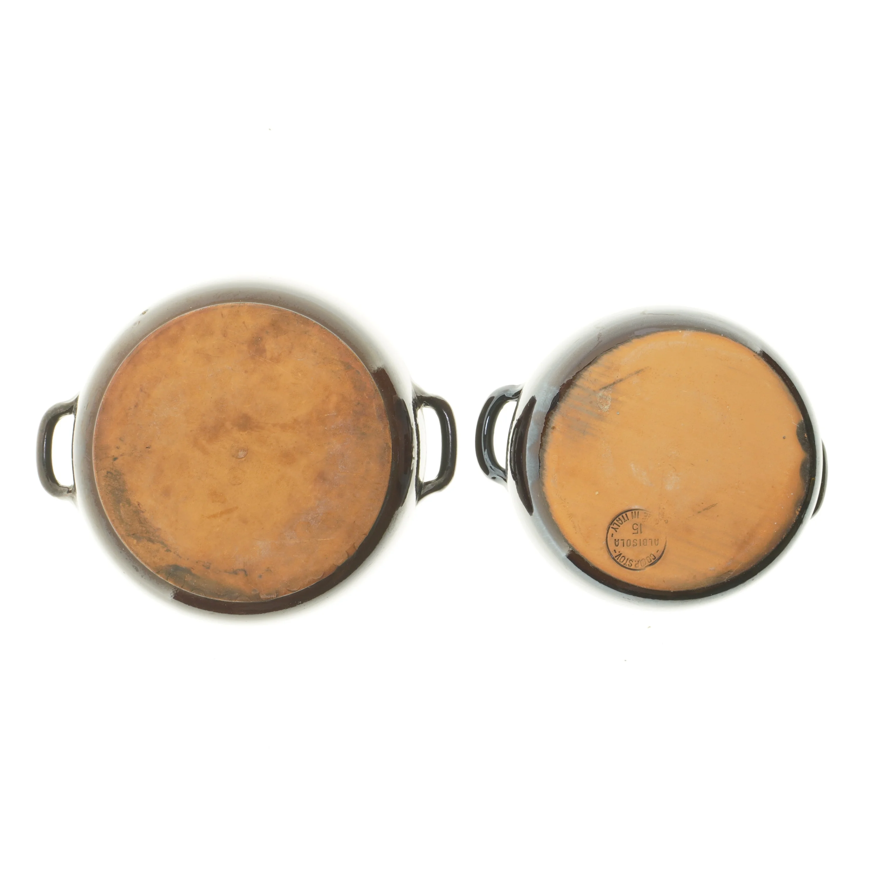 Brune keramikgryder med hank (str. 2 stk Ø 15,5 & 21 cm)