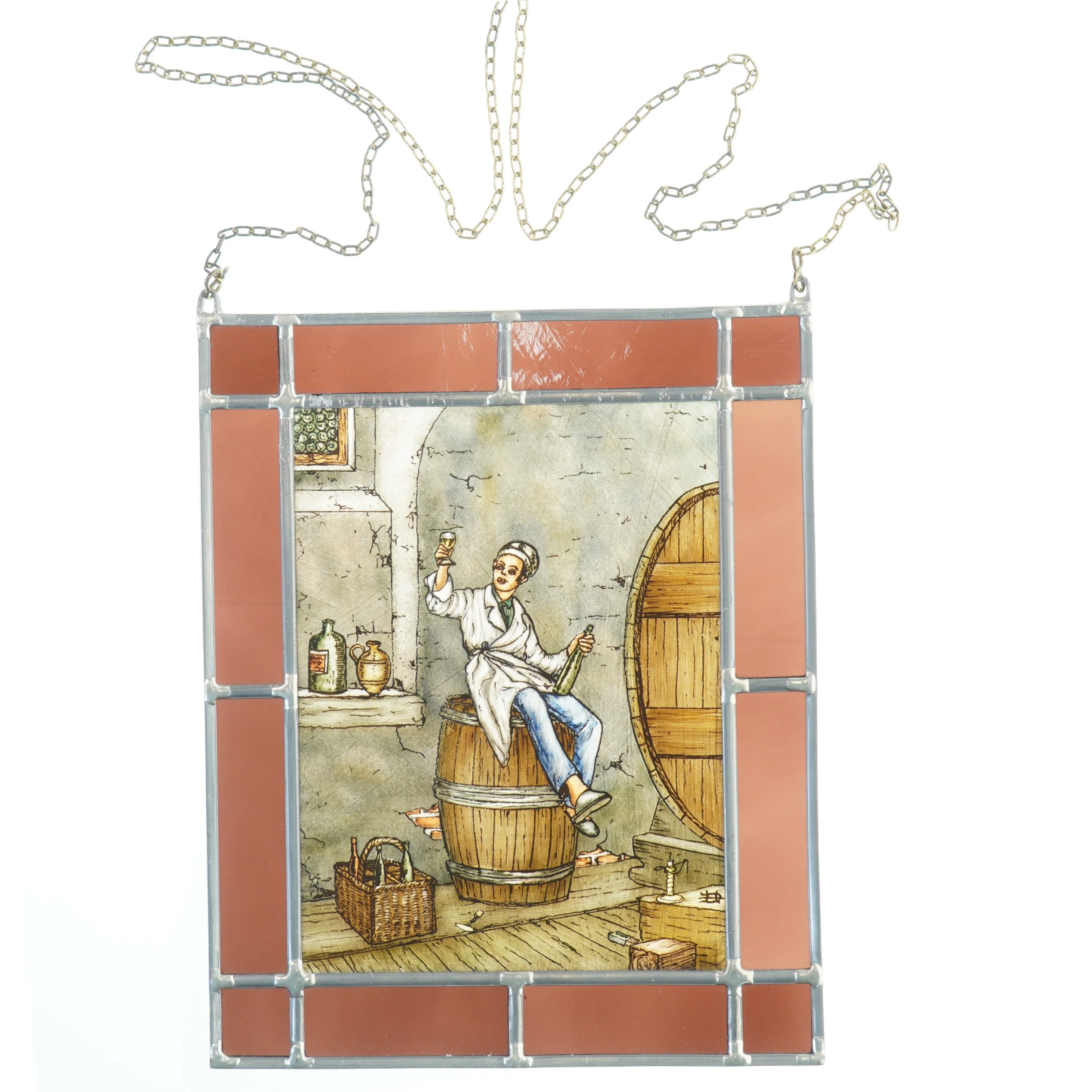 Blyindfattet glasvindue med billede (str. 32x25,5 cm)