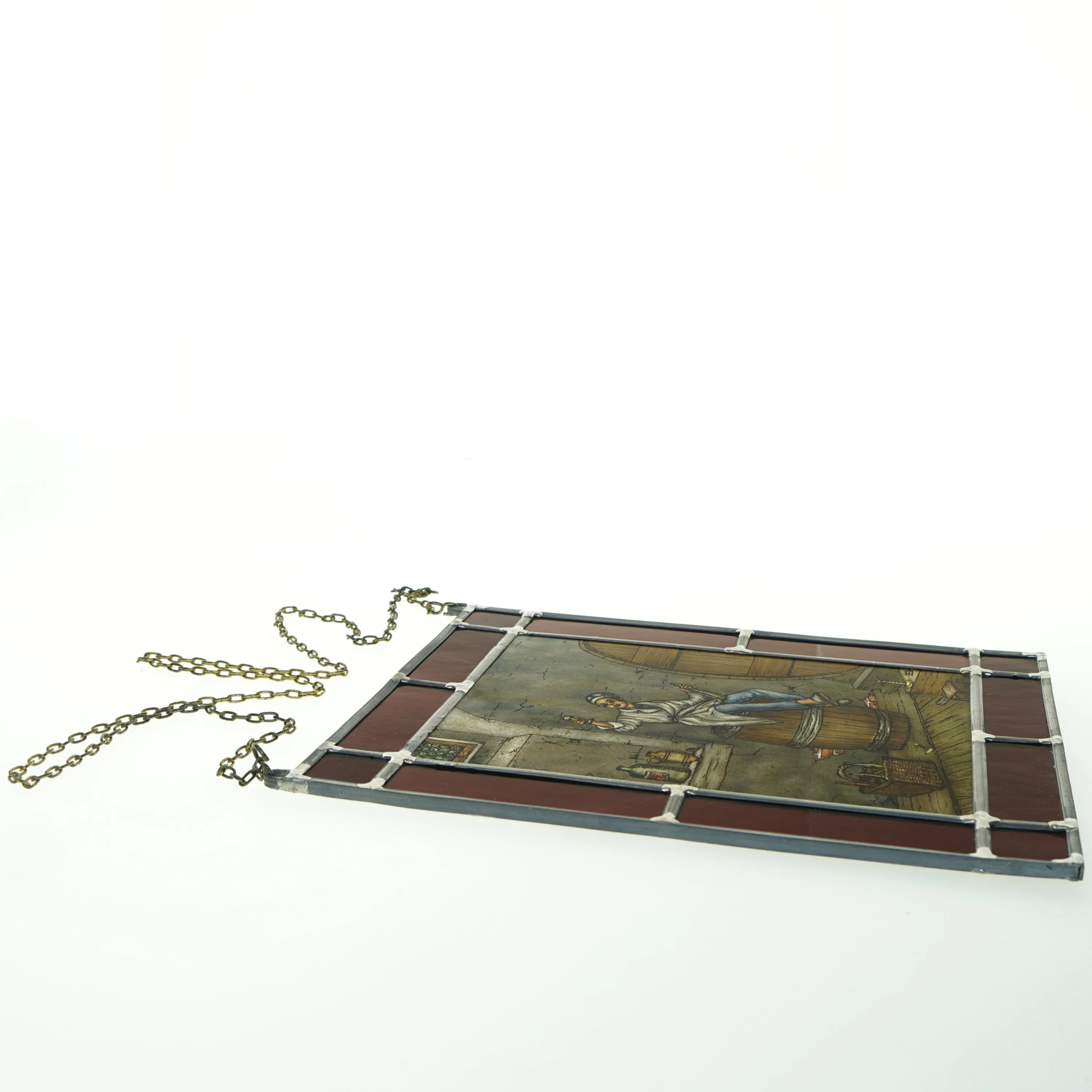 Blyindfattet glasvindue med billede (str. 32x25,5 cm)