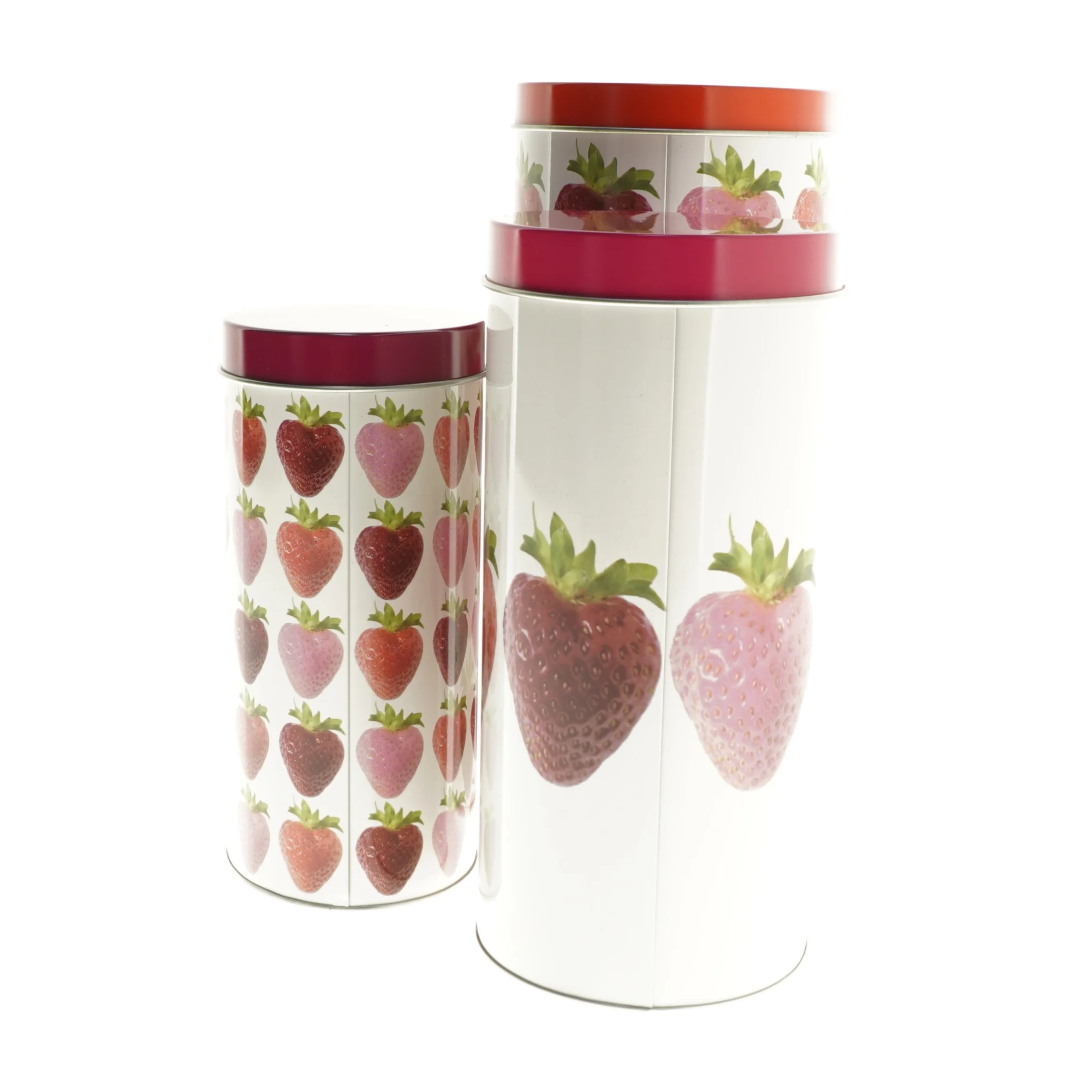 Sæt med tre opbevaringsdåser med jordbærmotiv fra Modern Living (str. 20cm og 17 cm og 14 cm)